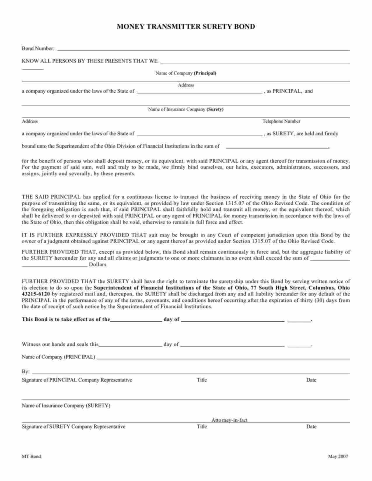 Ohio Money Transmitter License Bond Form