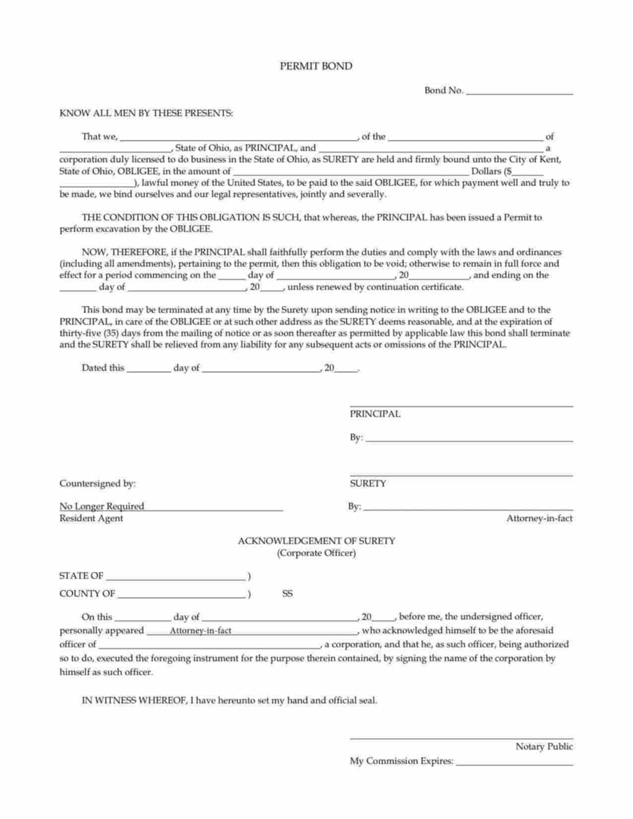Ohio Permit Bond Form