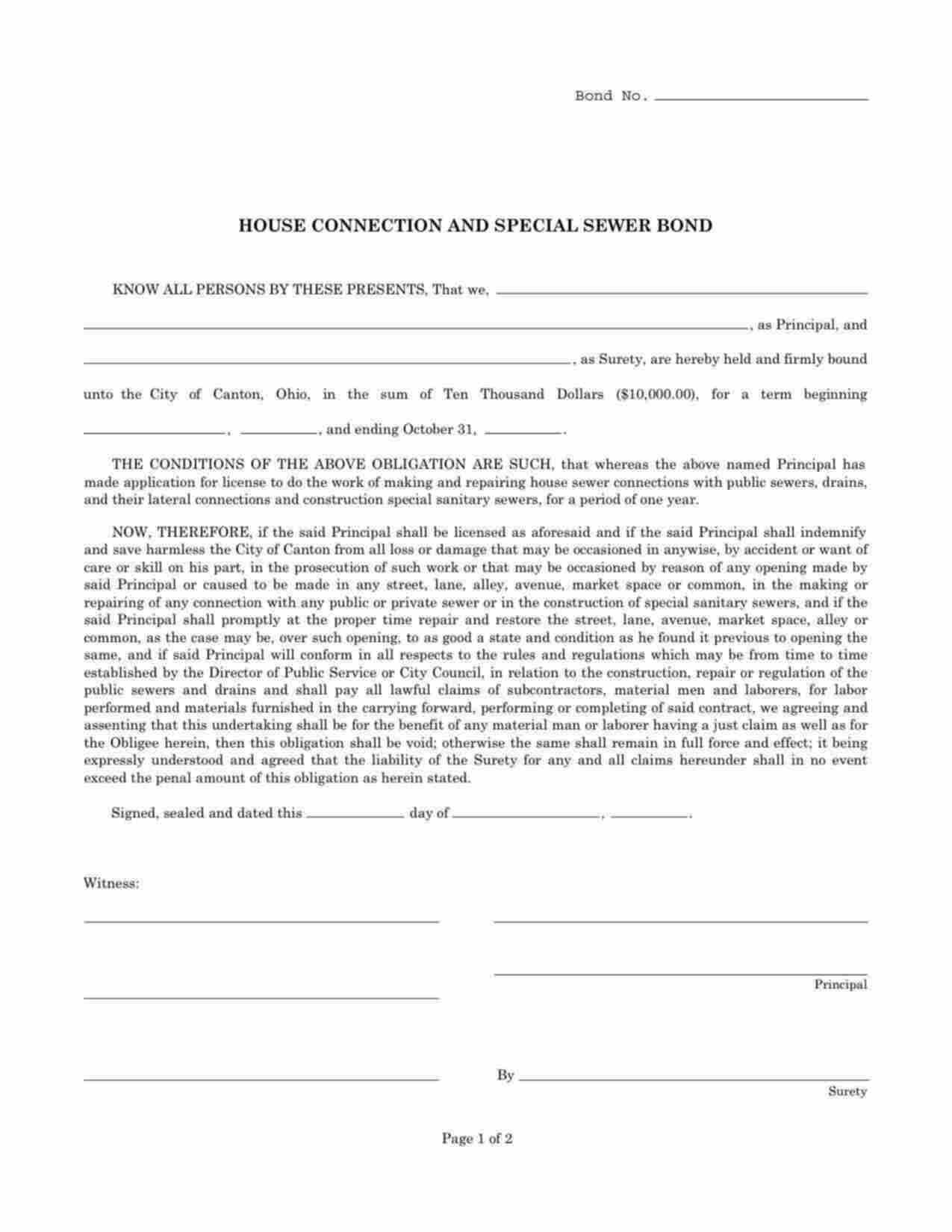 Ohio House Connection and Special Sewer Bond Form