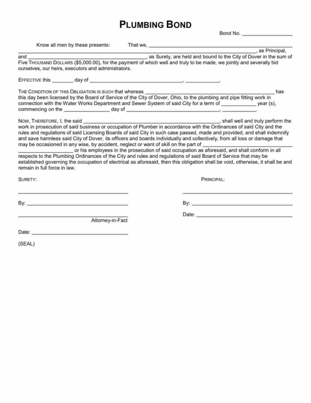 Ohio Plumbing Bond Form