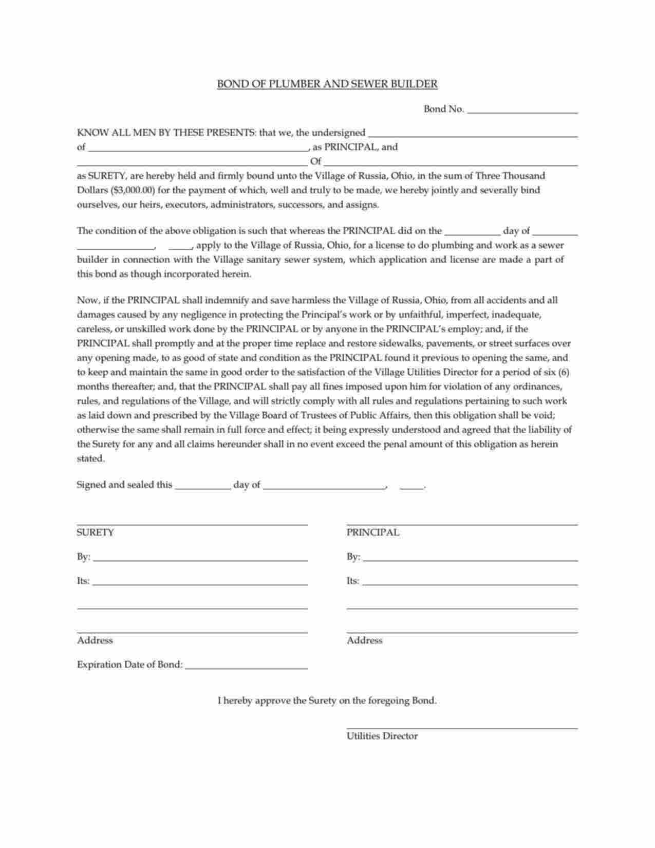 Ohio Plumber and Sewer Builder Bond Form