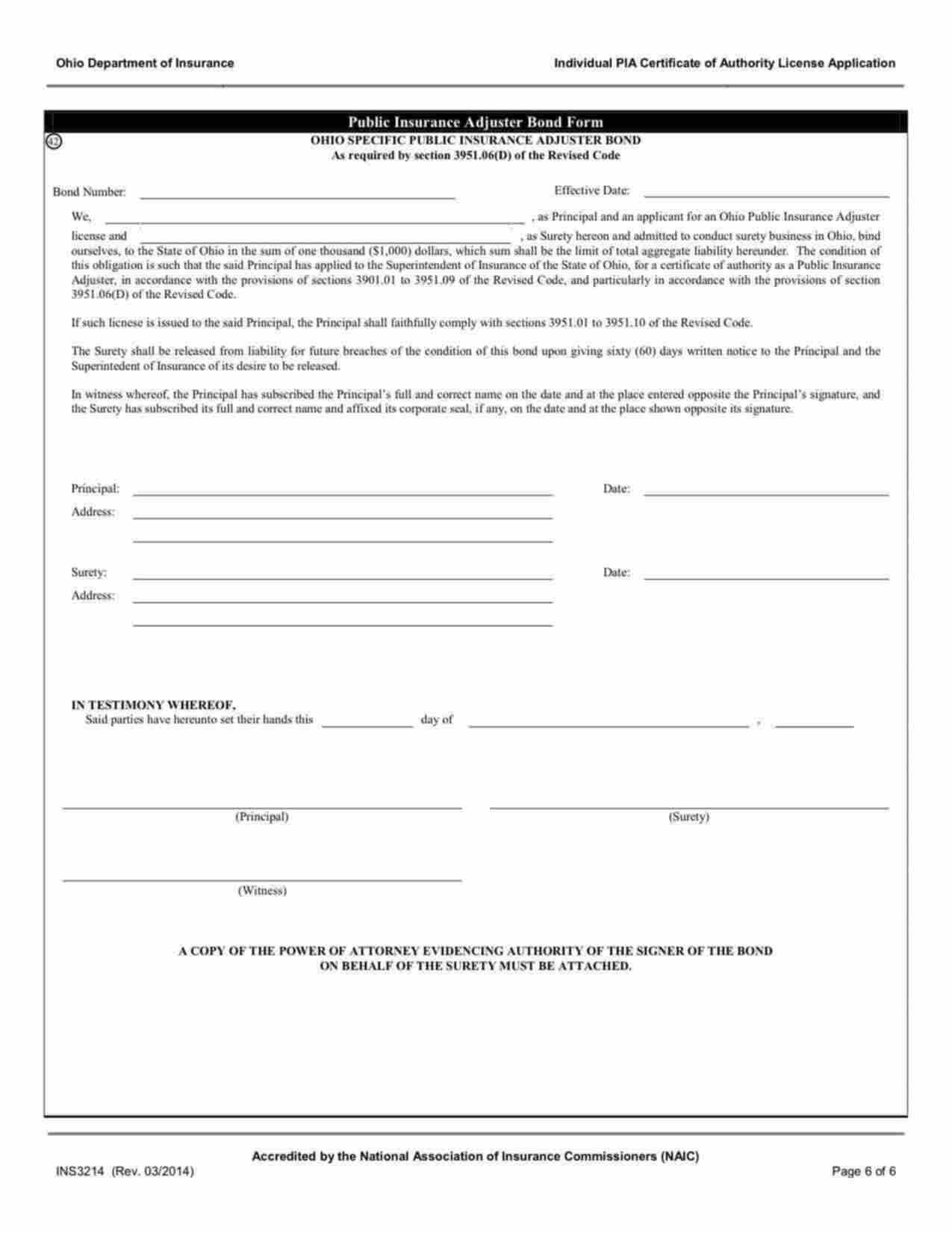 Ohio Public Insurance Adjuster Bond Form