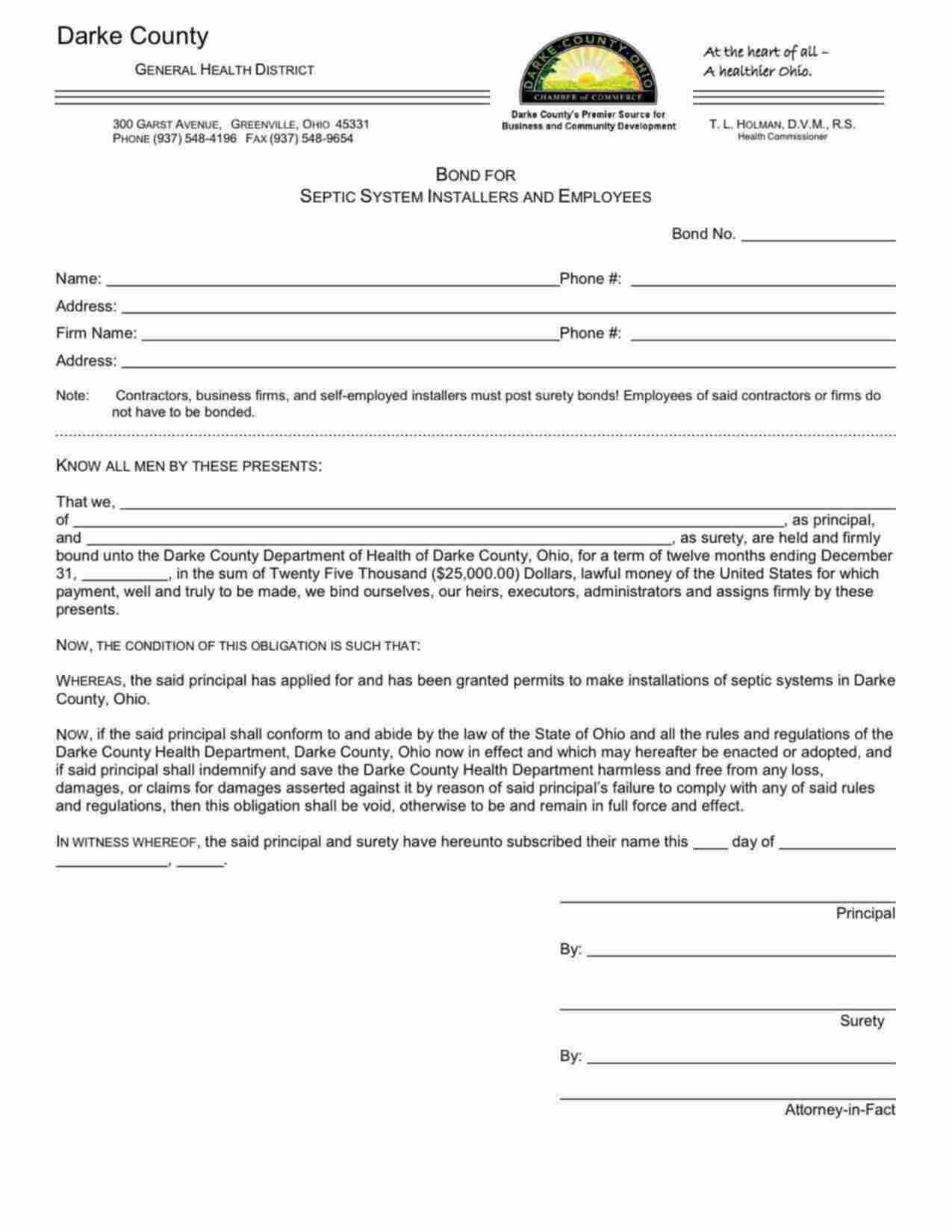 Ohio Septic System Installers and Employees Bond Form