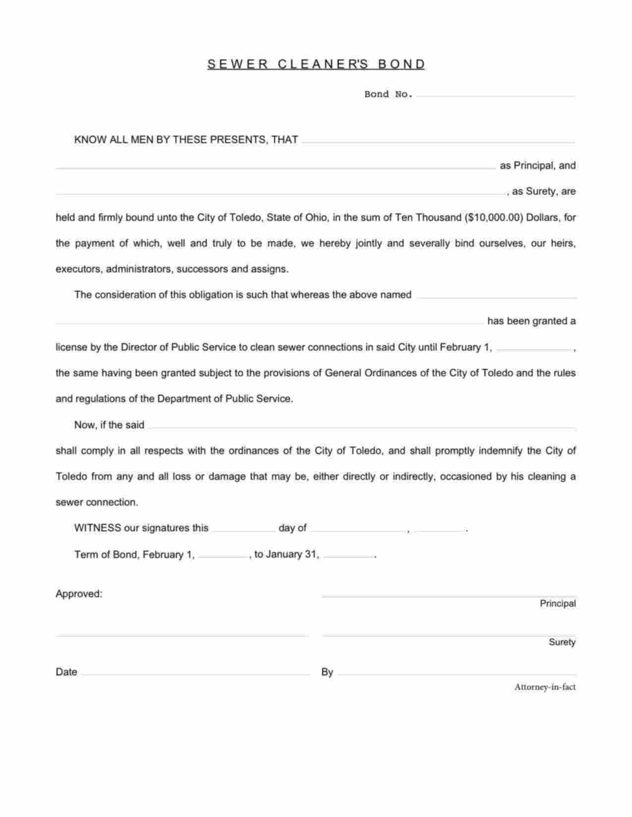 Ohio Sewer Cleaner Bond Form