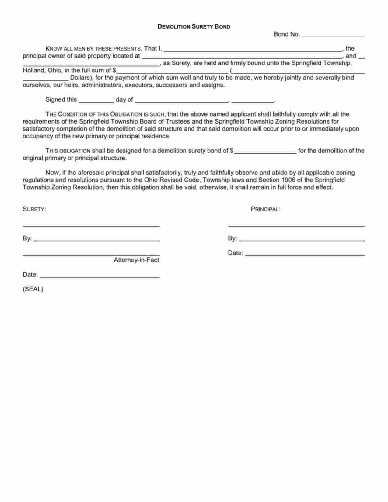 Ohio Demolition Bond Form