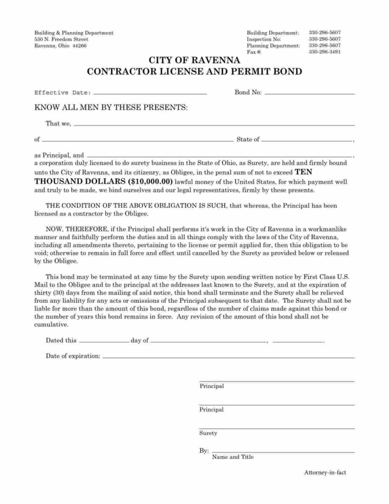 Ohio Contractor's License and Permit Bond Form