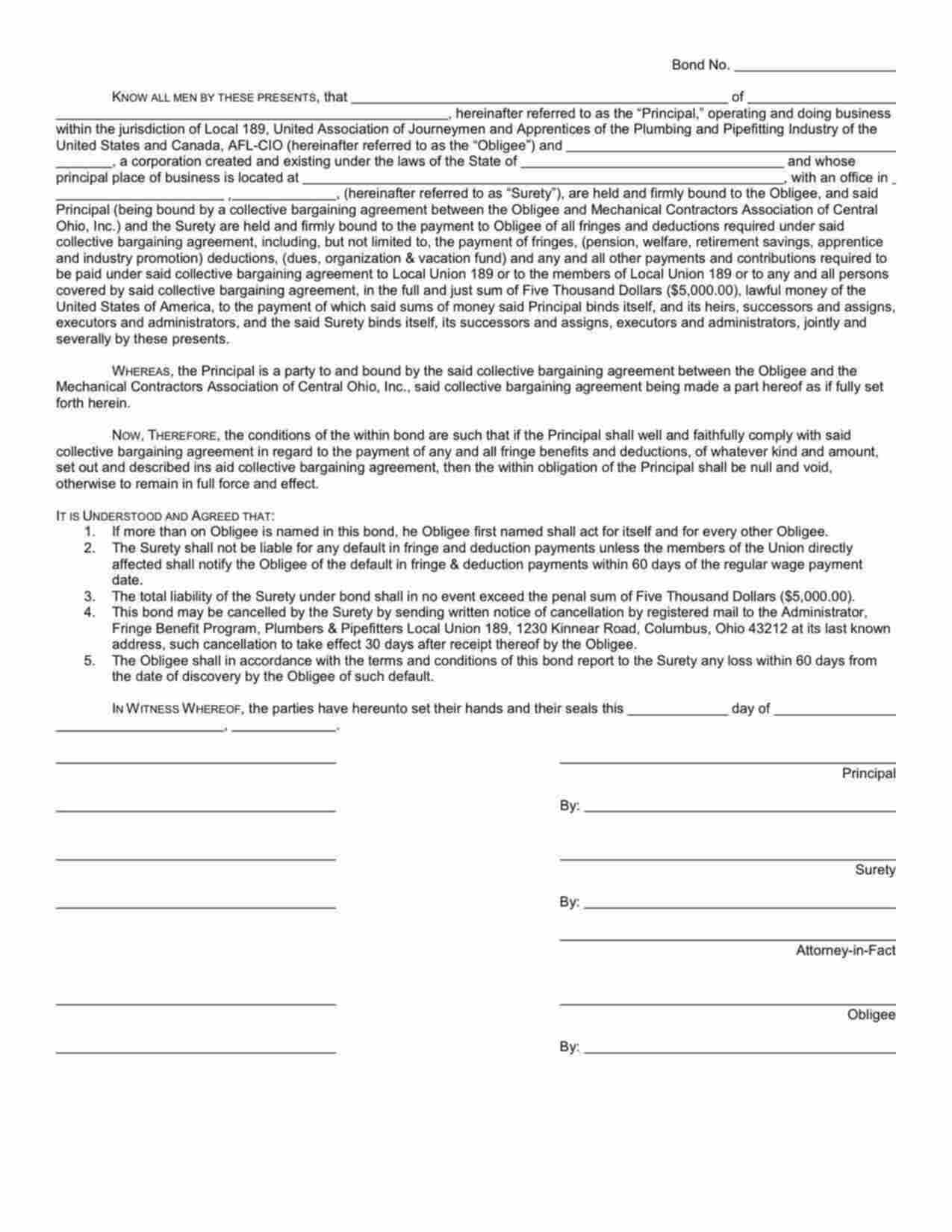 Ohio Wage and Welfare Bond Form