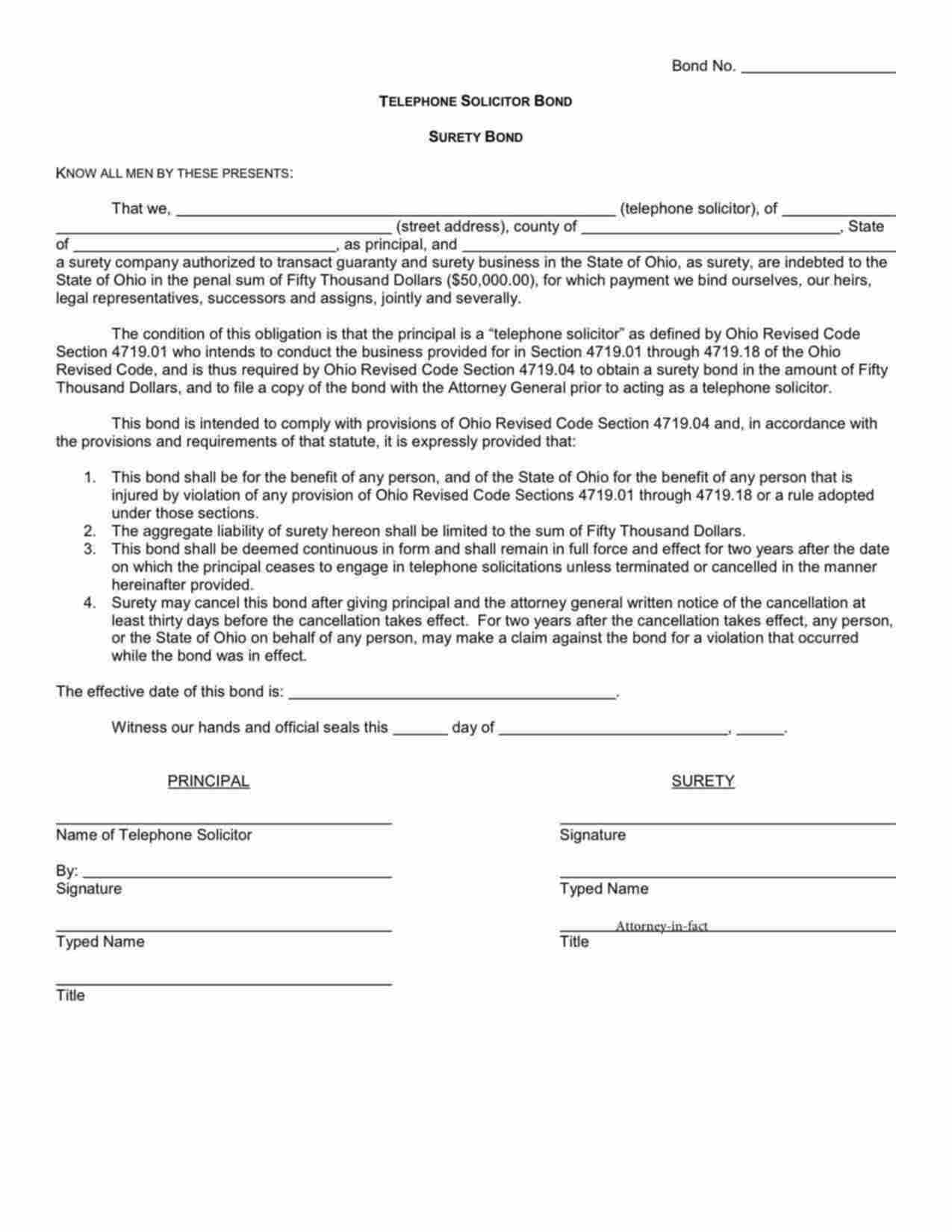 Ohio Telephone Solicitor Bond Form