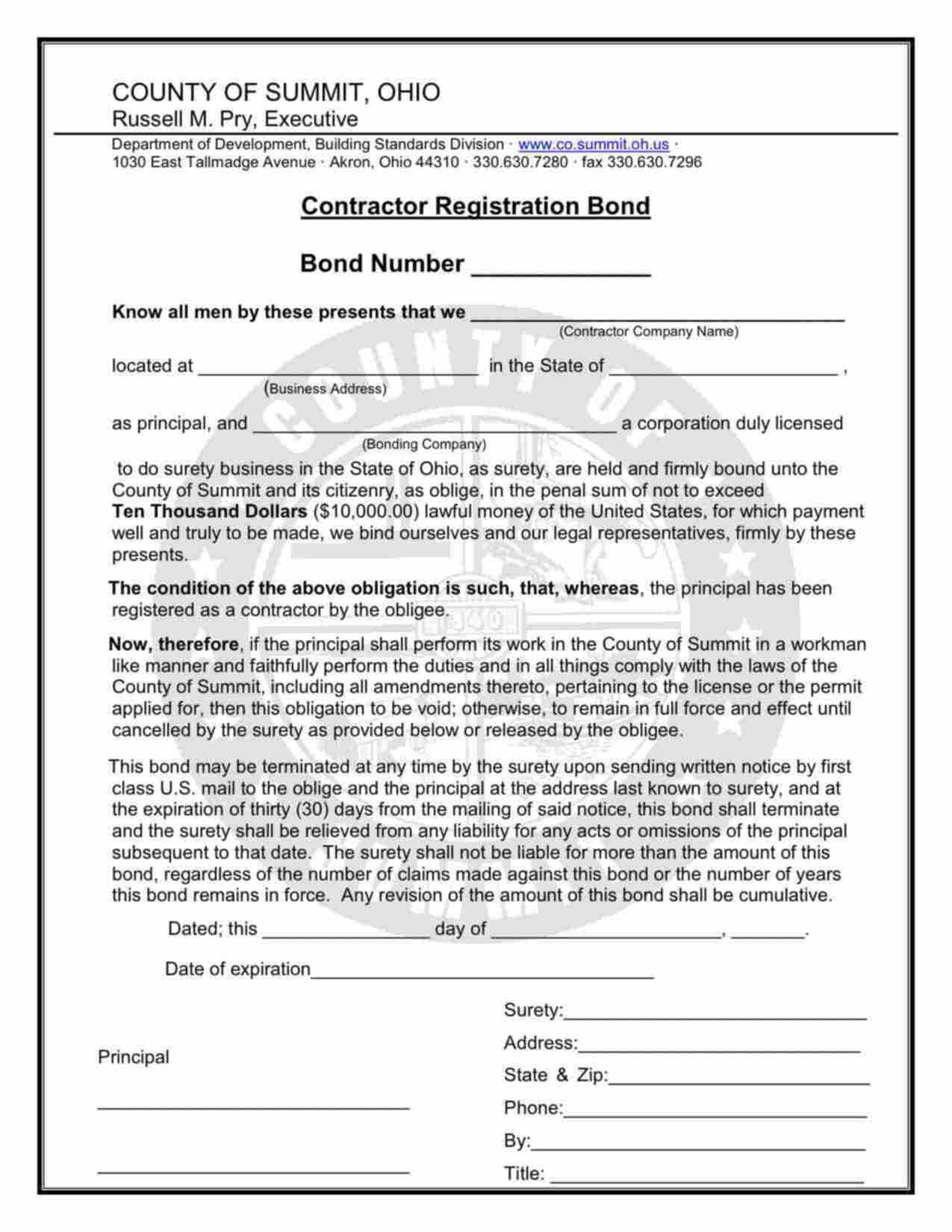 Ohio Contractor Registration Bond Form