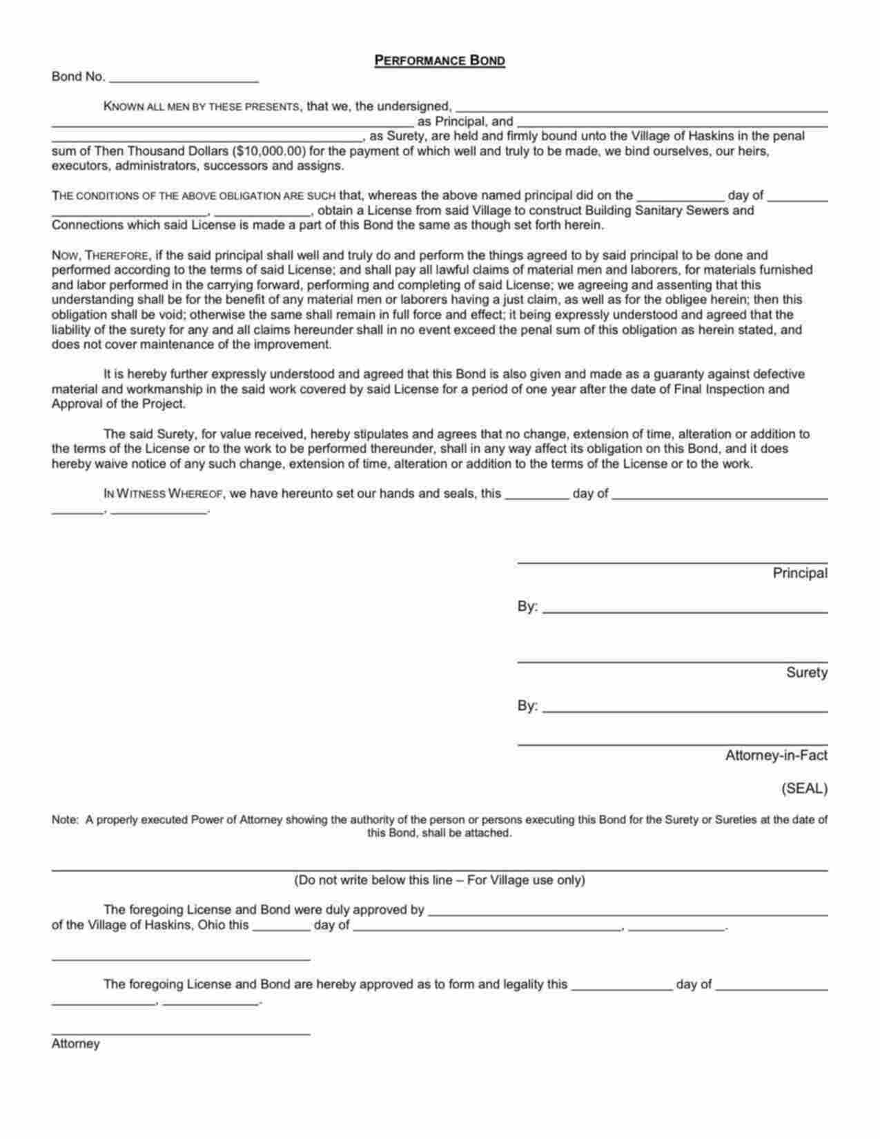 Ohio Sanitary Sewers and Connections Performance Bond Form