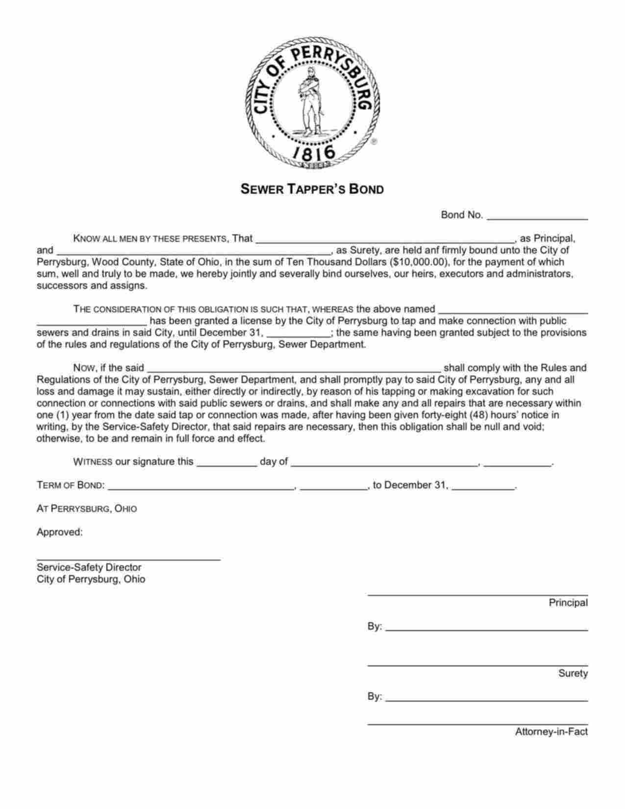 Ohio Sewer Tapper Bond Form