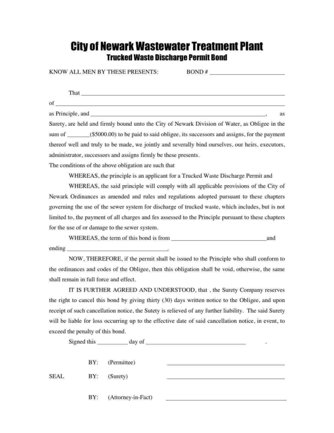 Ohio Trucked Waste Discharge Permit Bond Form