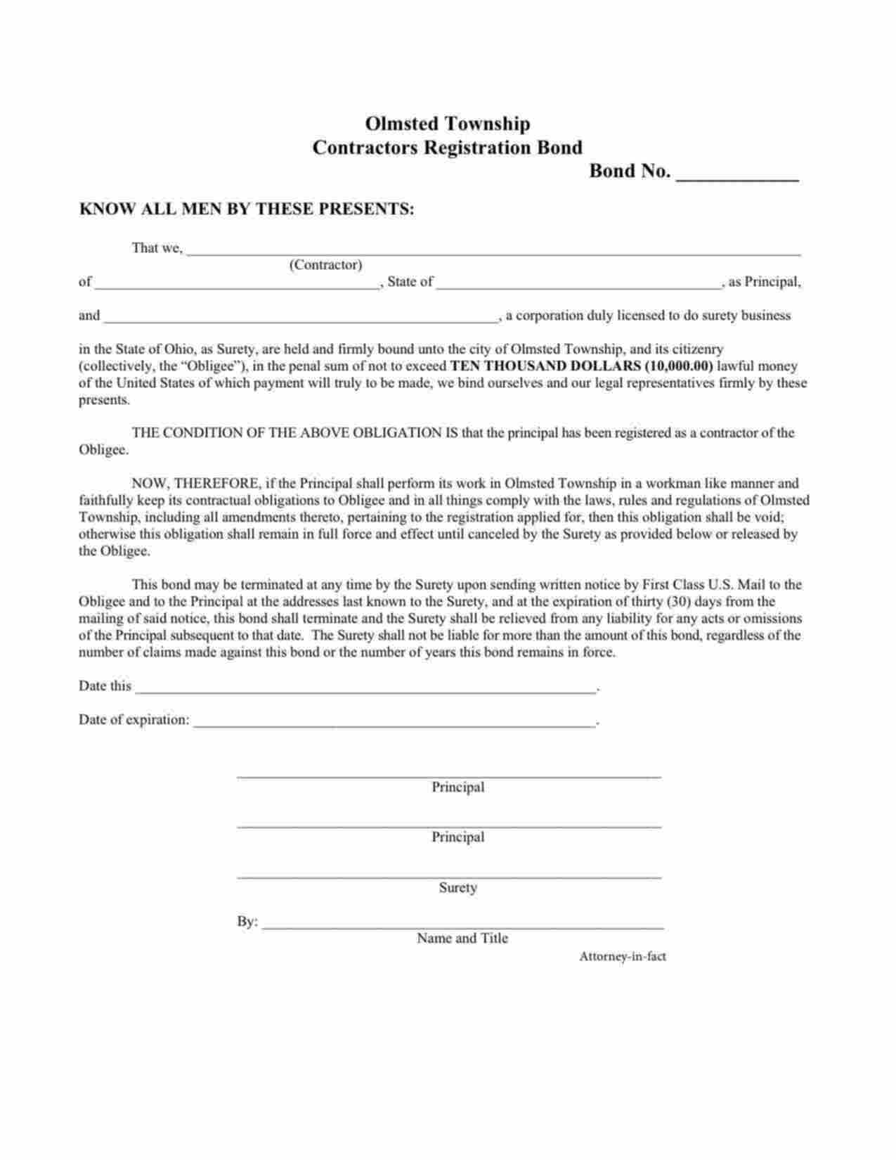 Ohio Contractors Registration Bond Form