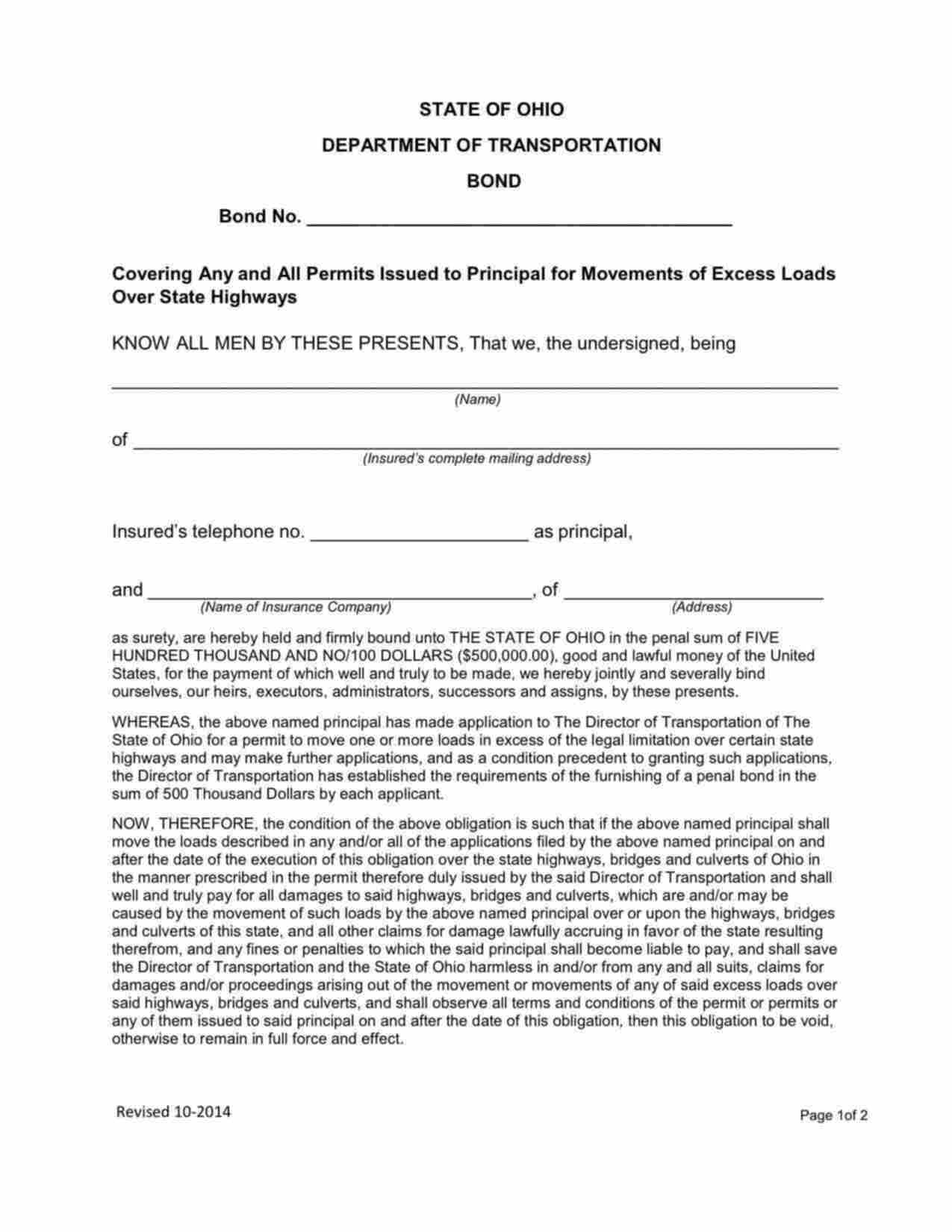 Ohio Movements of Excess Loads over State Highways Bond Form