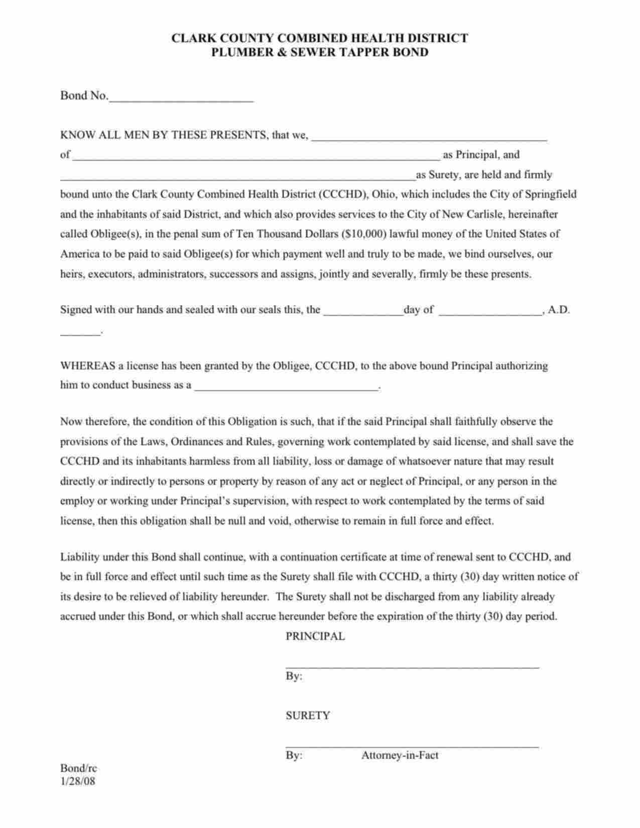 Ohio Plumber Bond Form