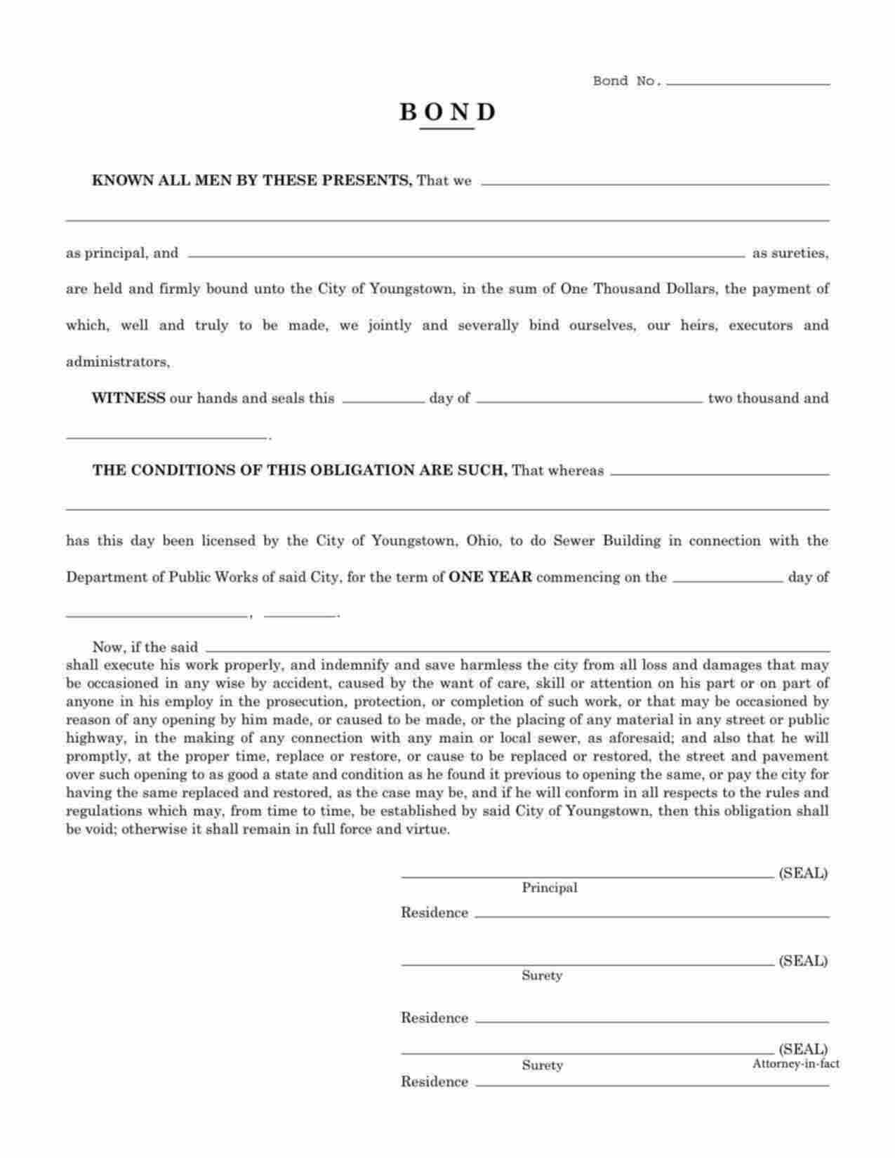 Ohio Sewer Builder Bond Form