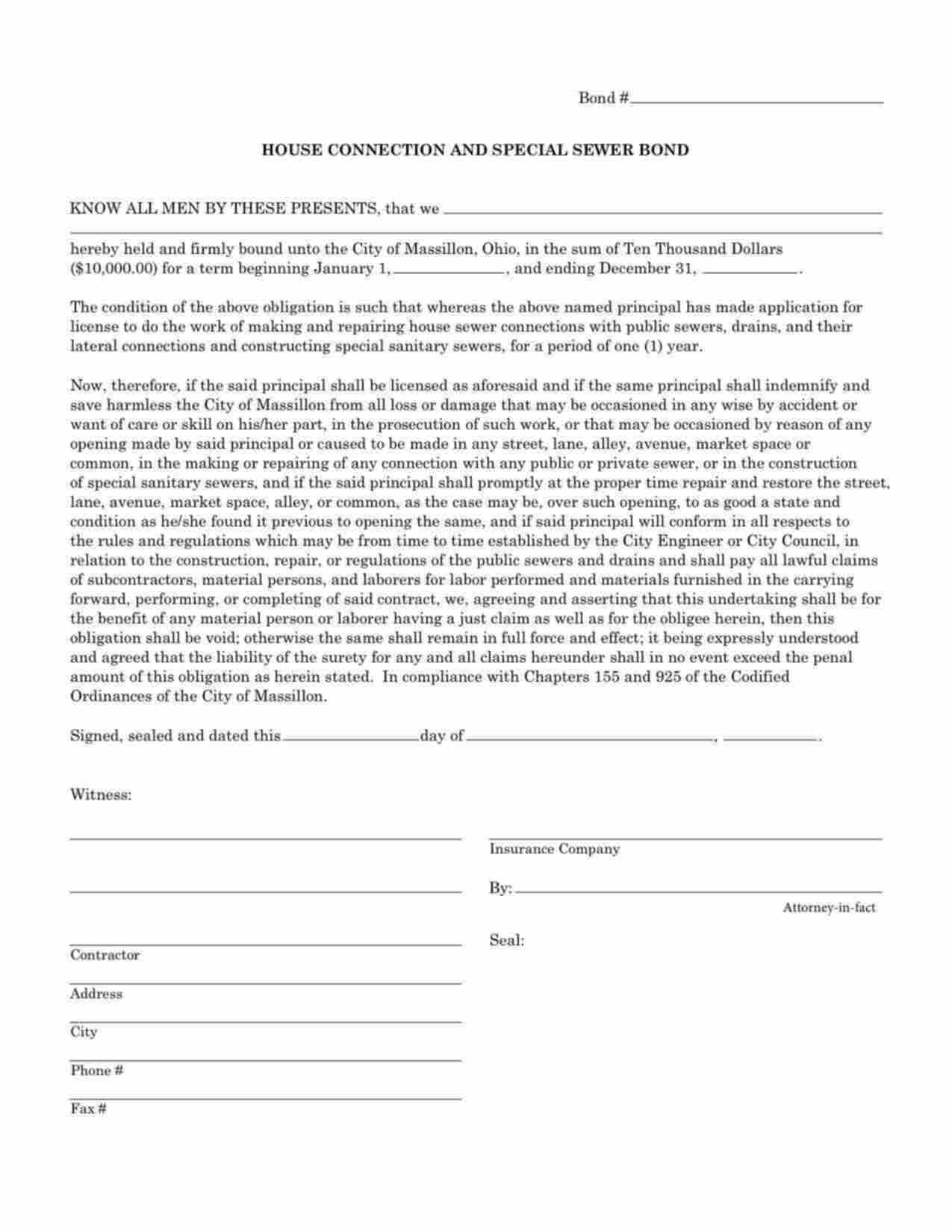 Ohio House Connection and Special Sewer Bond Form