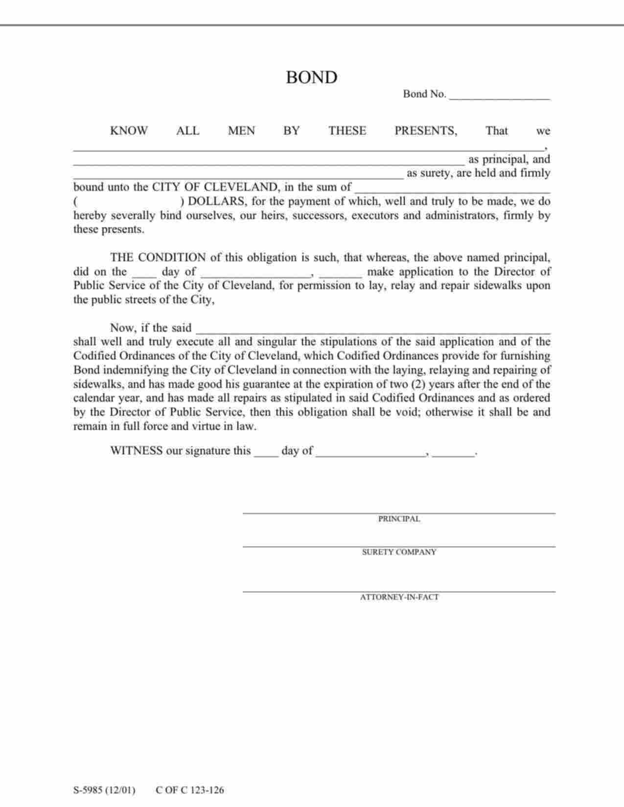 Ohio Sidewalk Contractor Bond Form