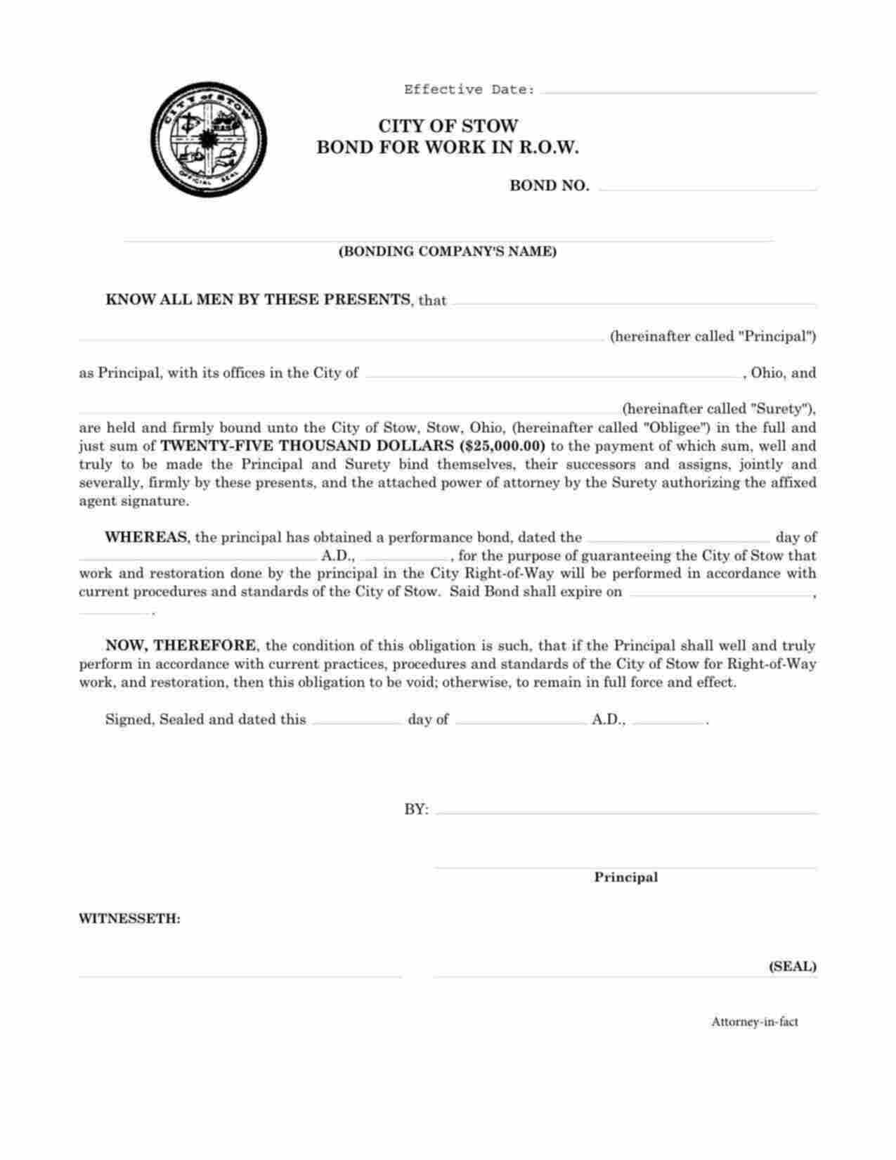 Ohio Work in Right of Way Bond Form