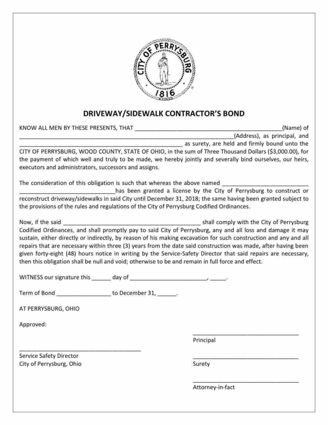 Ohio Driveway/Sidewalk Contractor Bond Form