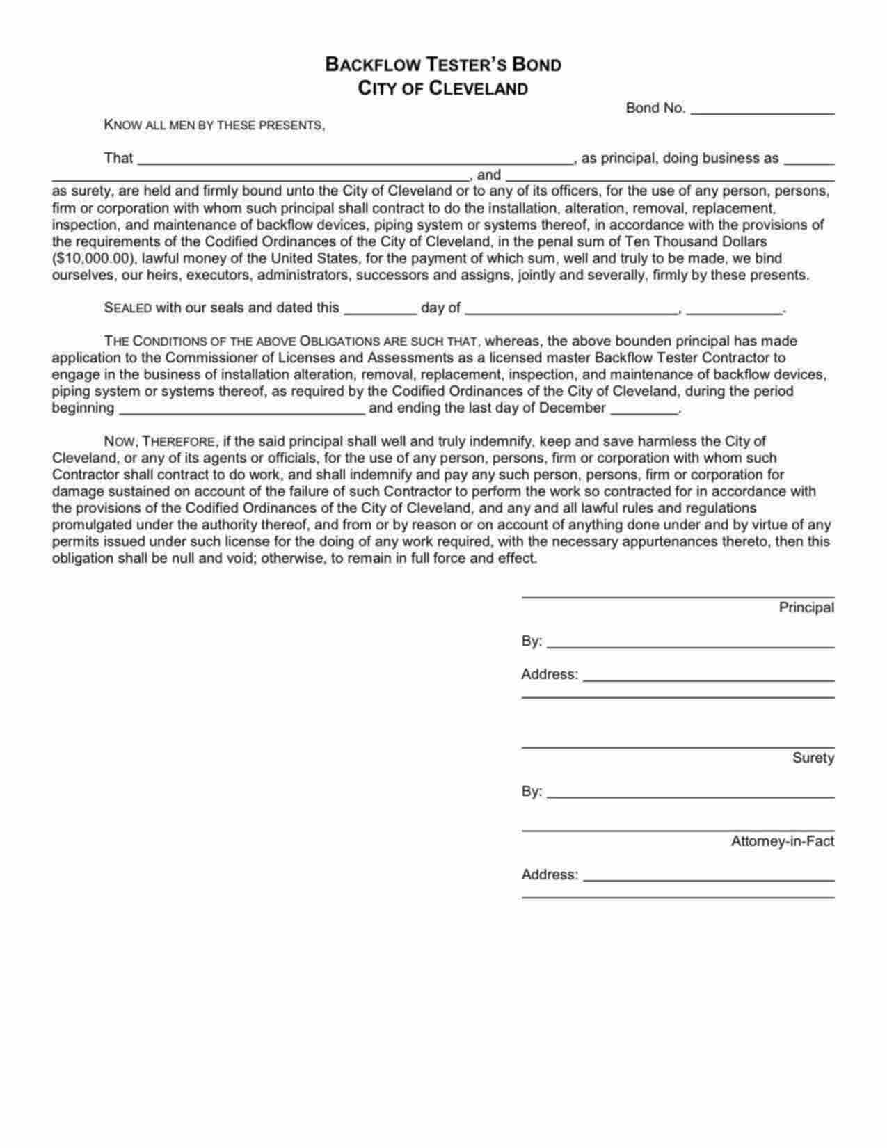 Ohio Backflow Tester Bond Form