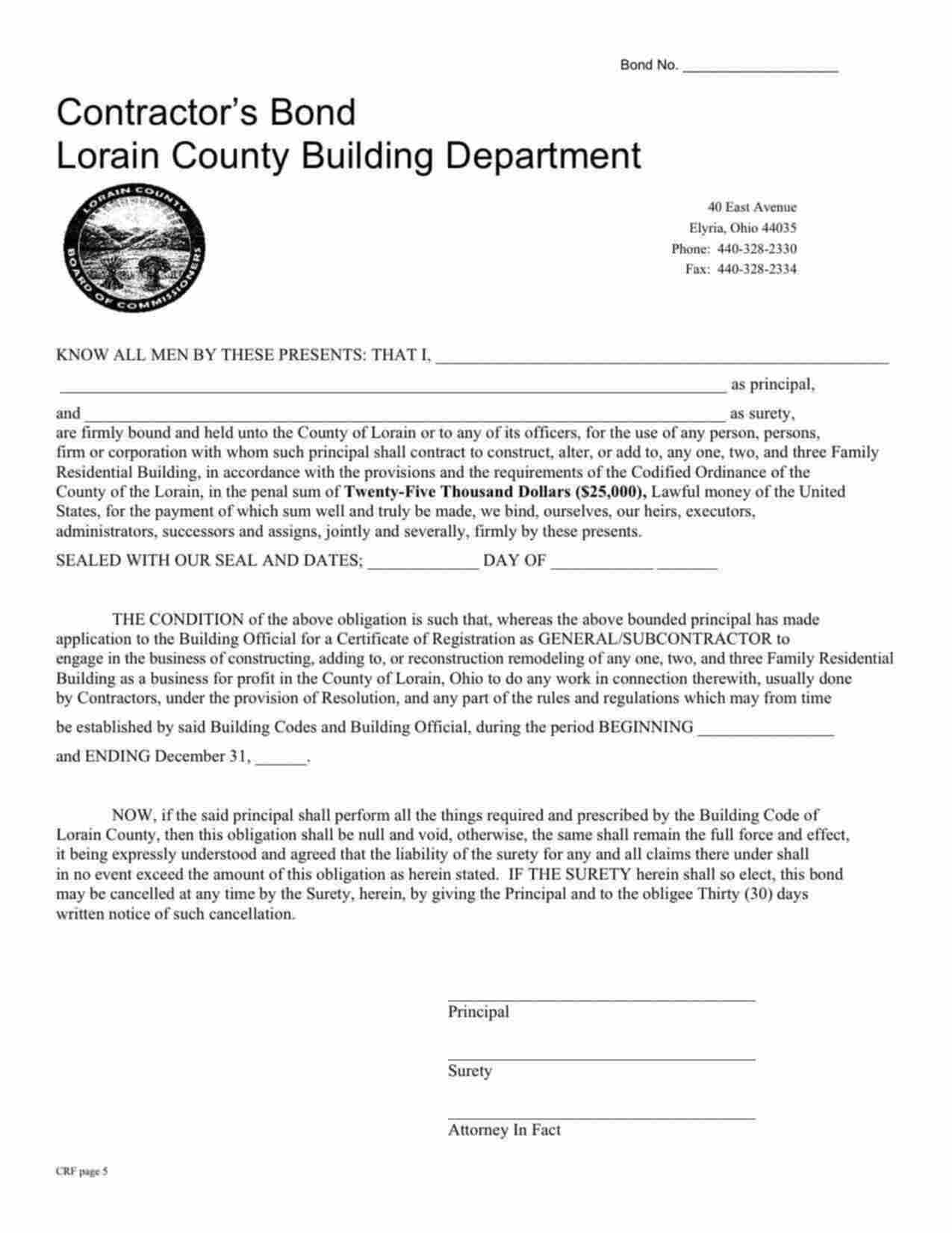 Ohio General/Subcontractor Registration Bond Form