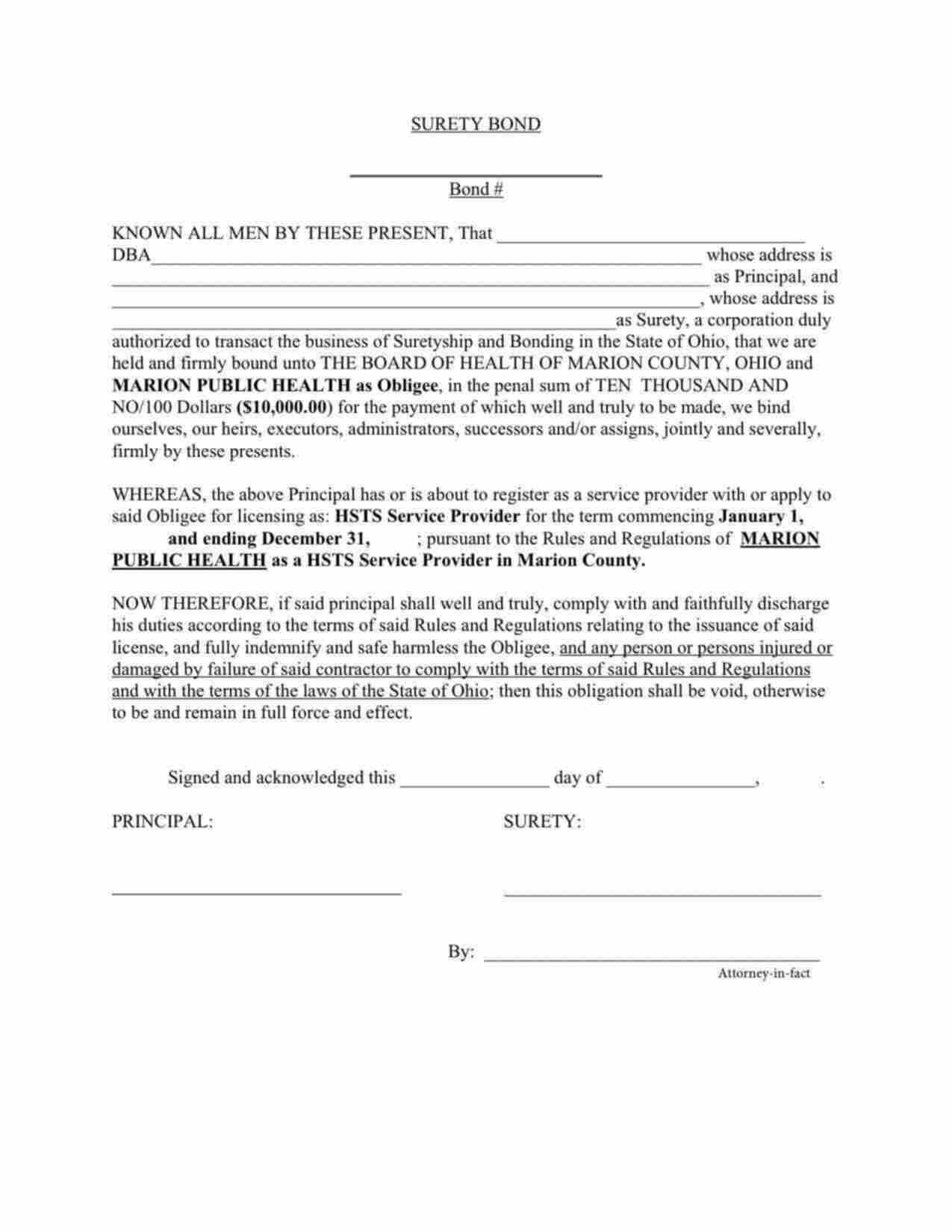 Ohio HSTS Service Provider Bond Form