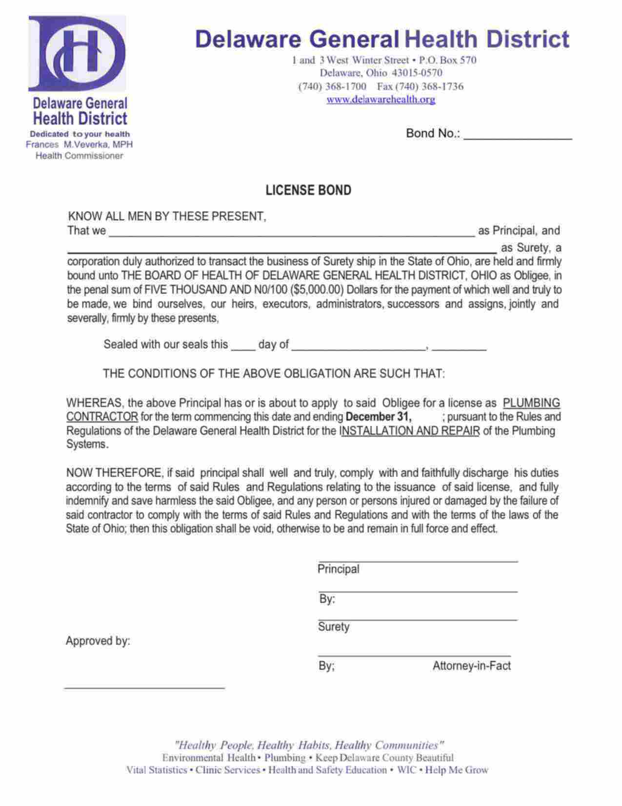 Ohio Plumbing Contractor Bond Form