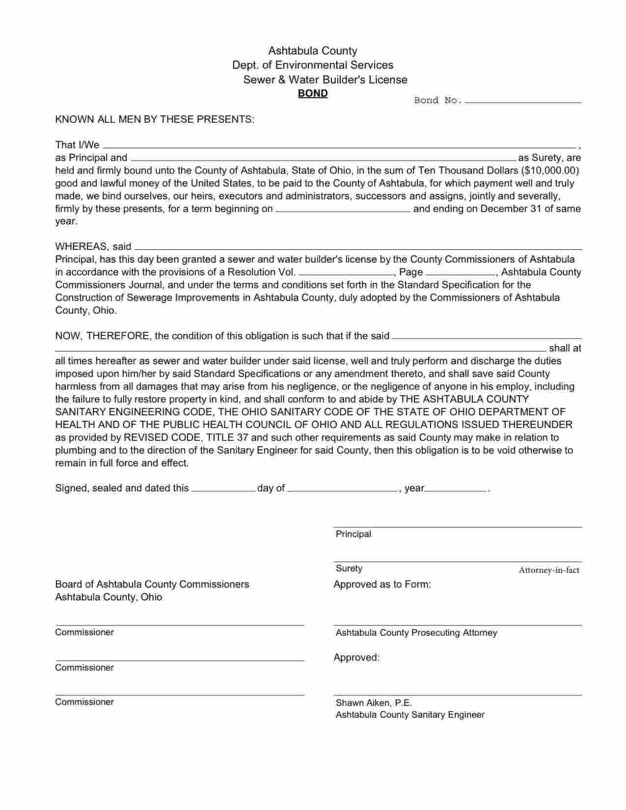 Ohio Sewer and Water Builder's License Bond Form