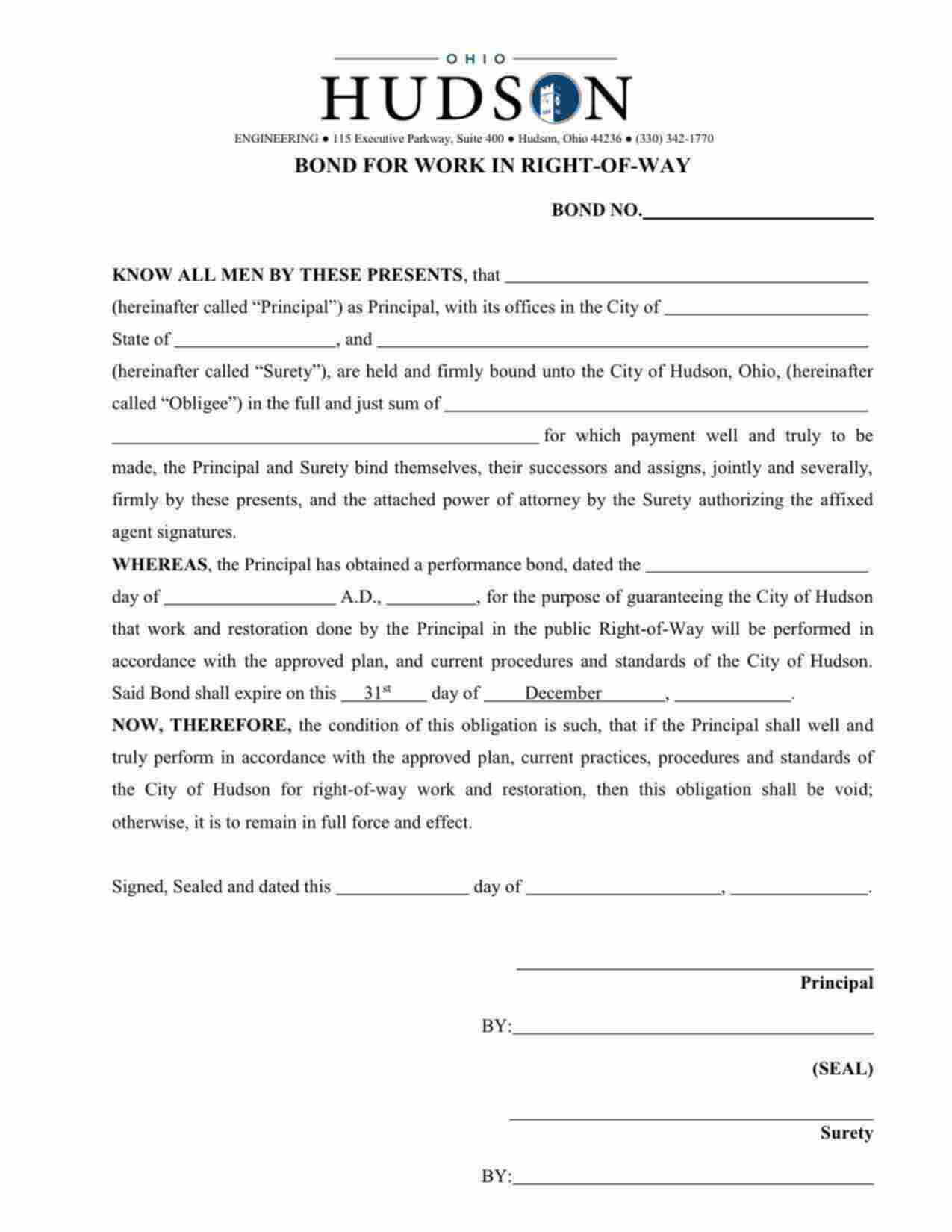 Ohio Work in Right-of-Way Bond Form