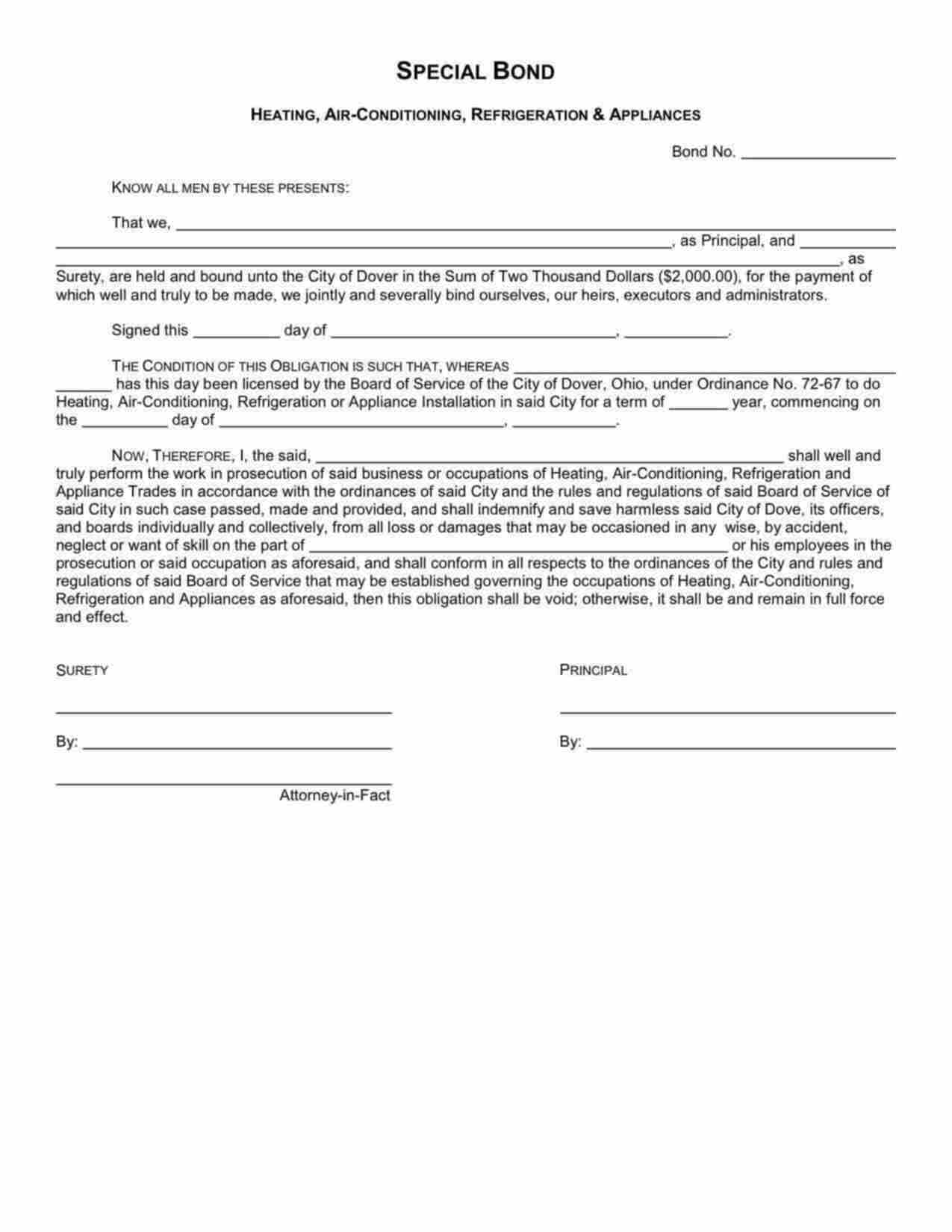 Ohio Heating, Air-Conditioning, Refrigeration & Appliances (HVAC) Bond Form