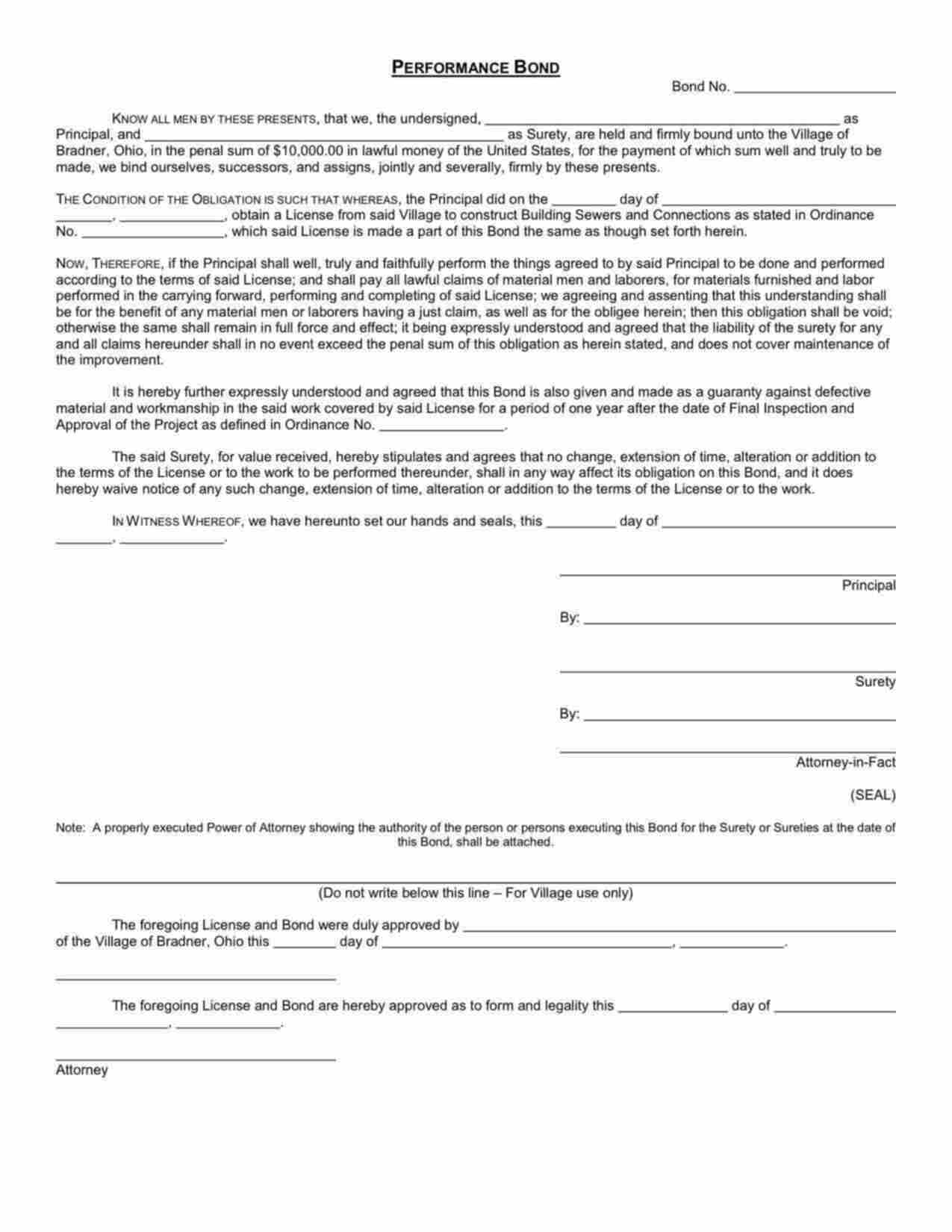 Ohio Sewer Builder Performance Bond Form