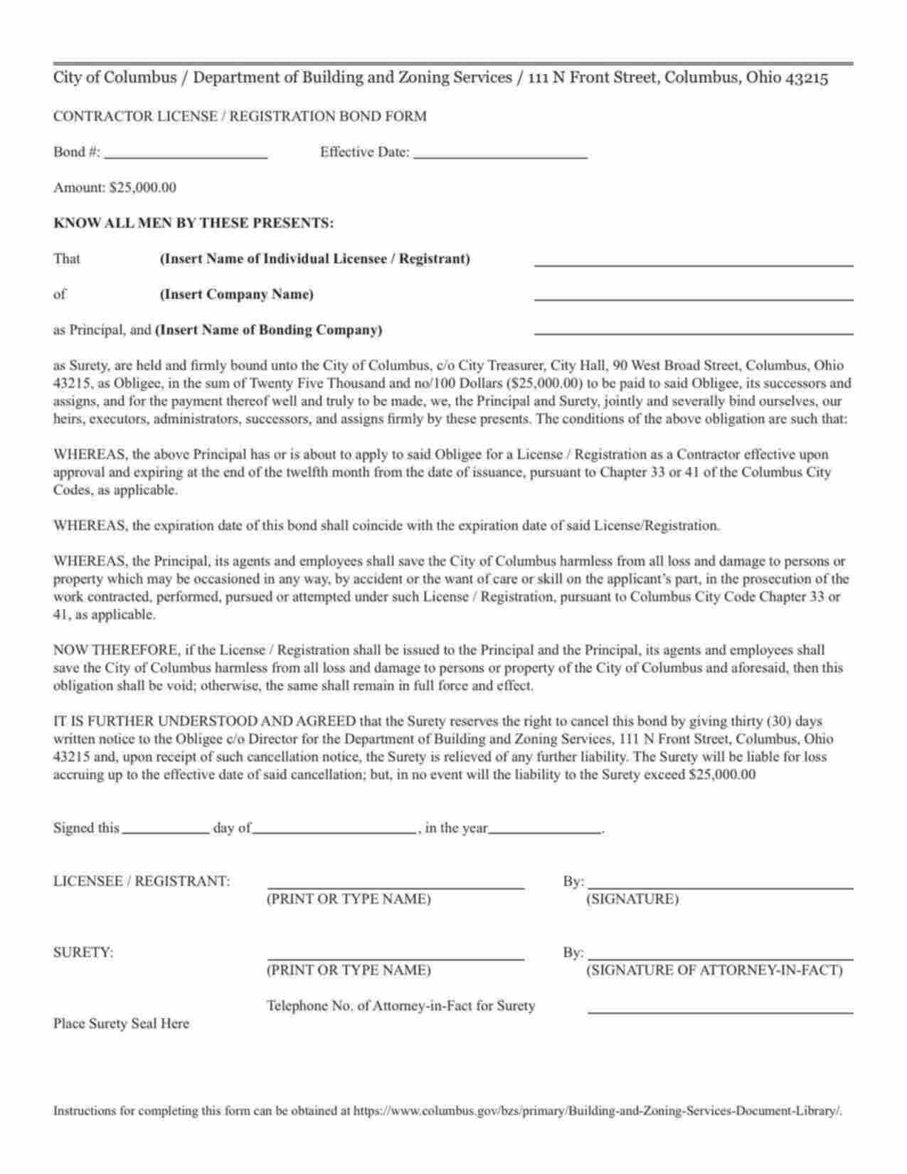 Ohio Contractor License/Registration Bond Form