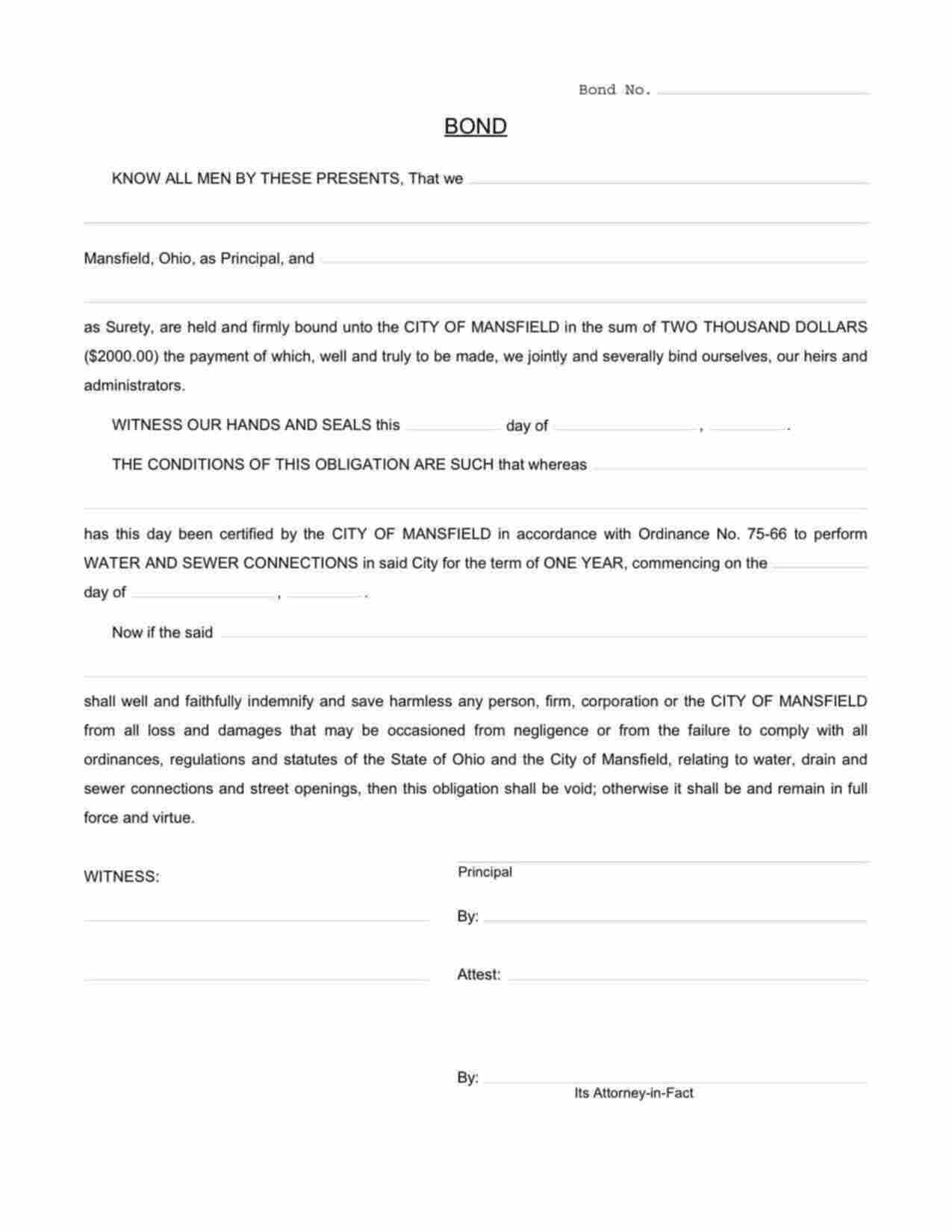 Ohio Water and Sewer Connections Bond Form