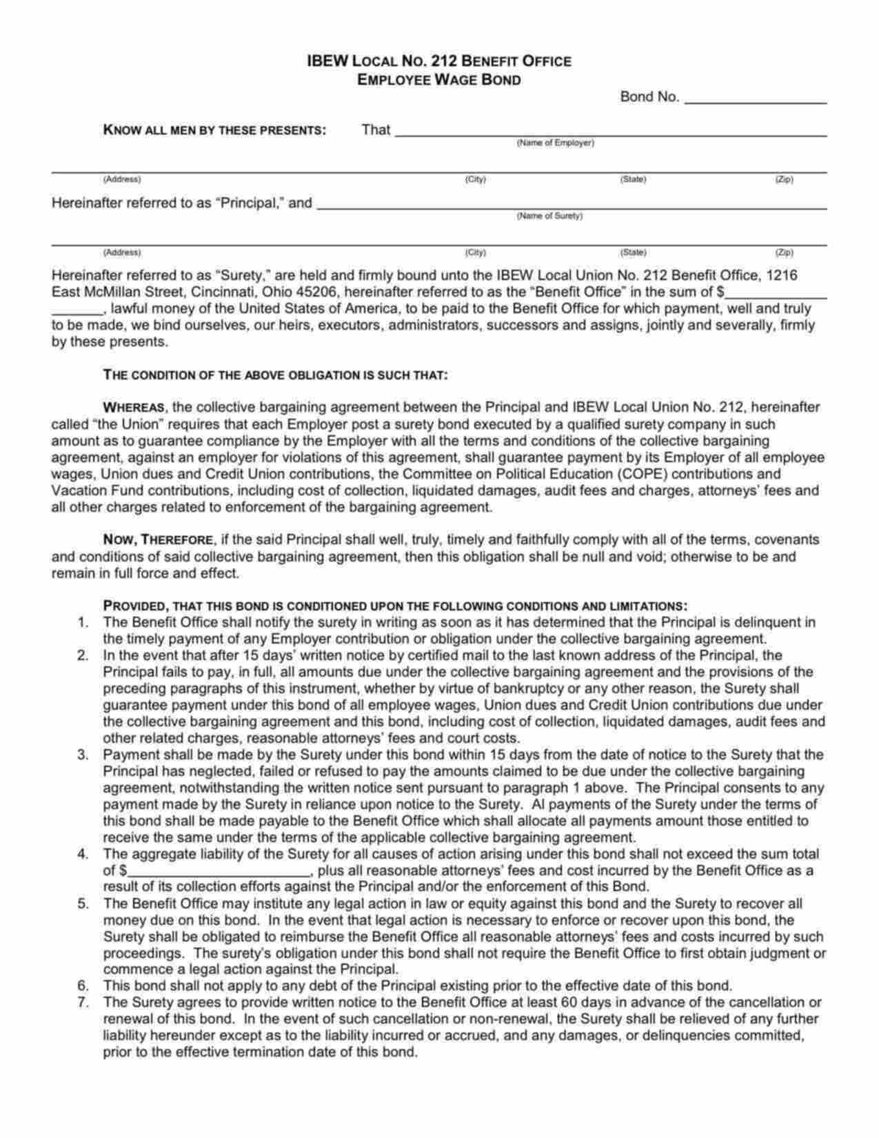 Ohio Employee Wage Bond Form