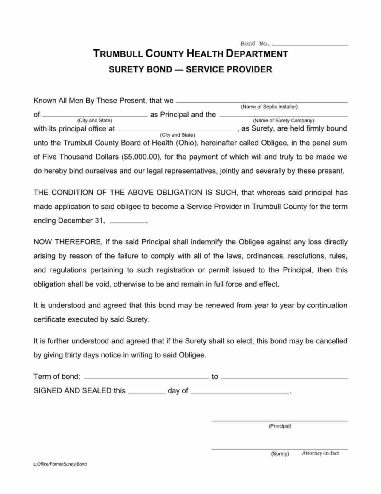 Ohio Service Provider Bond Form
