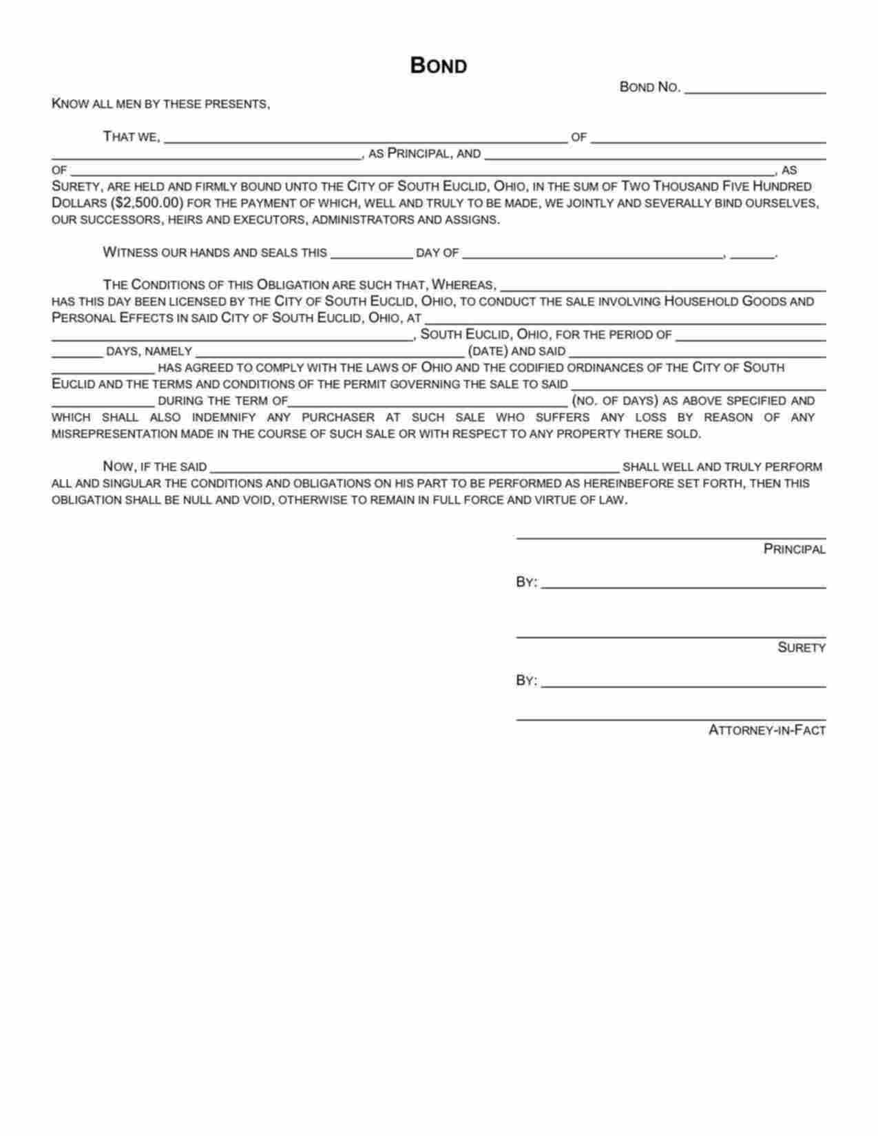 Ohio Household Goods and Personal Effects Sale Bond Form