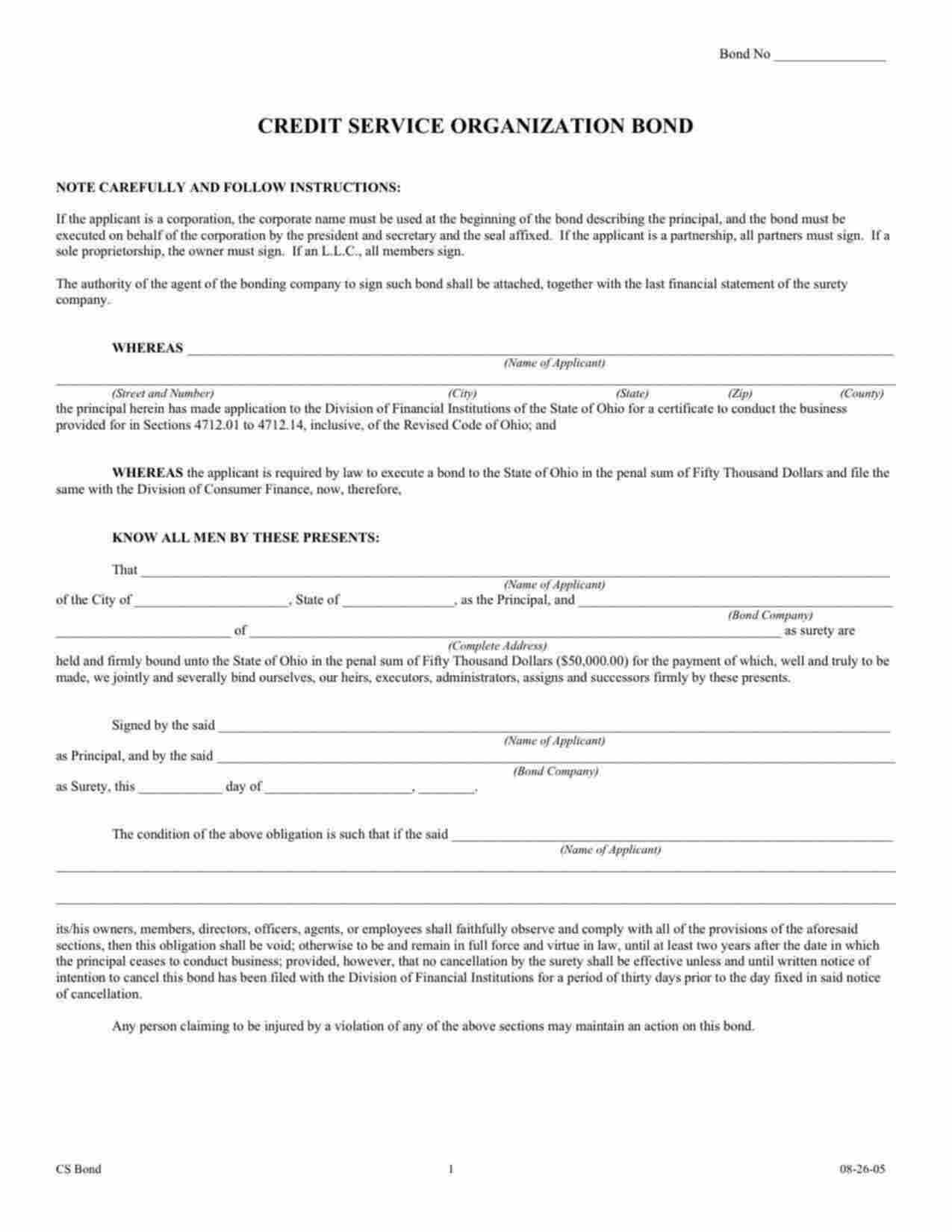 Ohio Credit Services Organization Certificate of Registration Bond Form