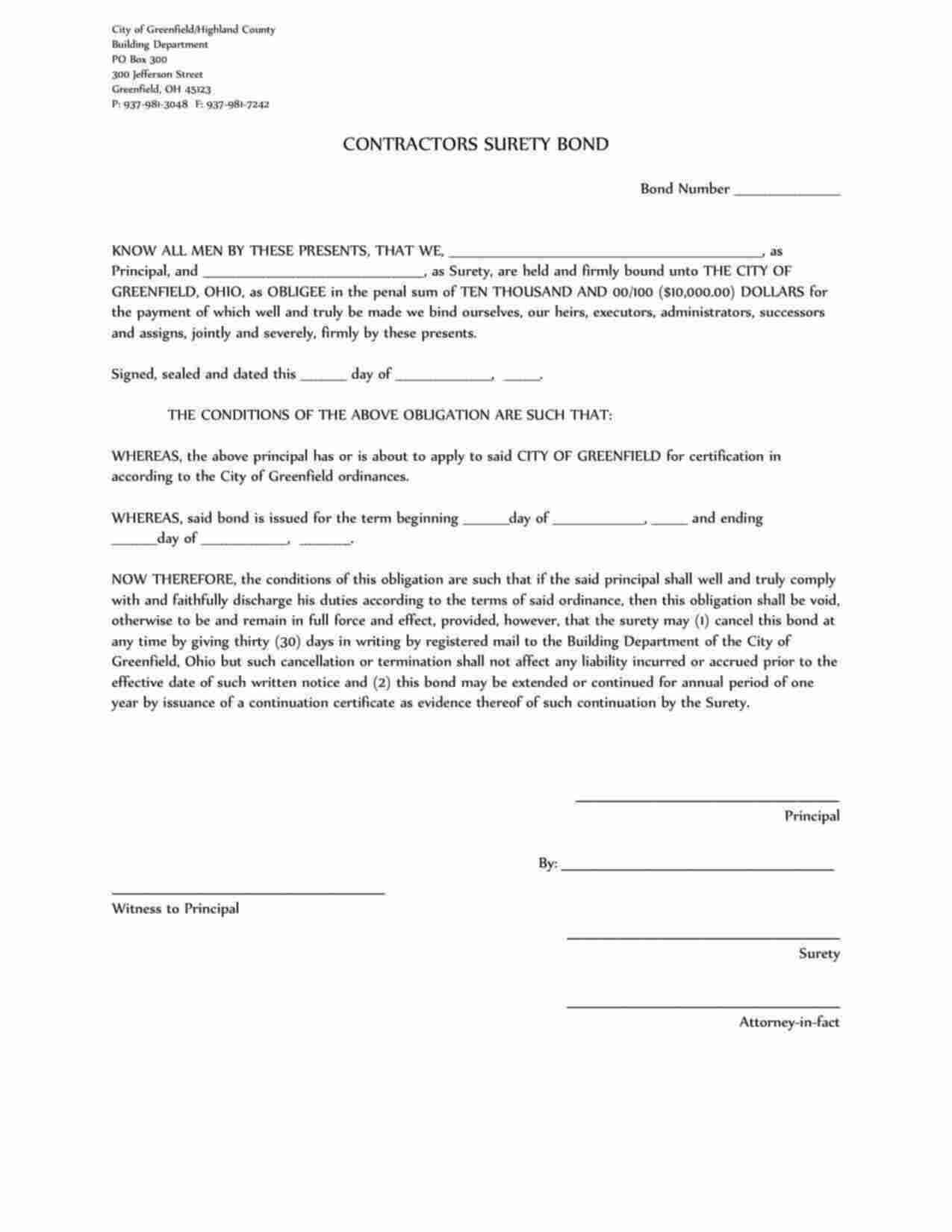 Ohio Contractor Bond Form