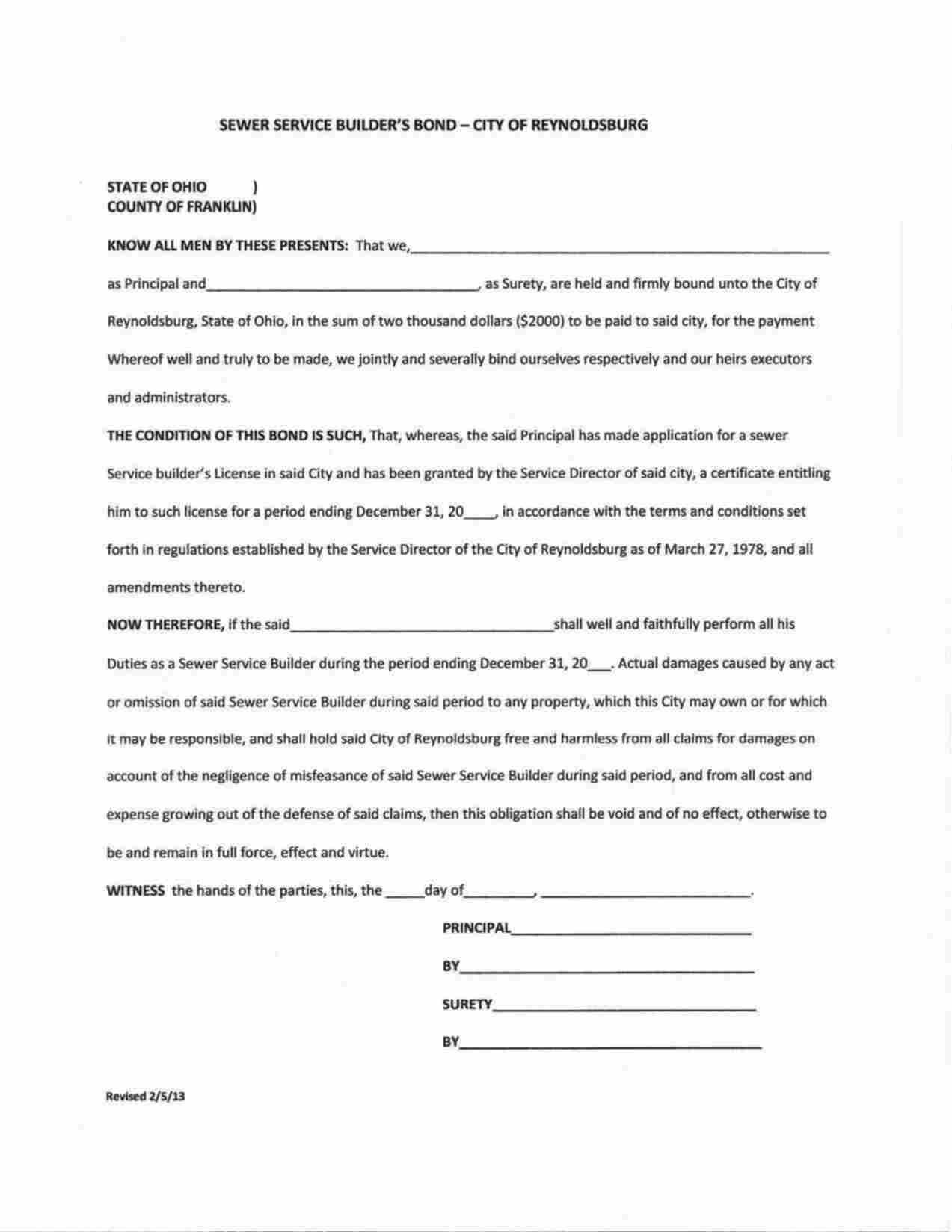 Ohio Sewer Service Buider Bond Form