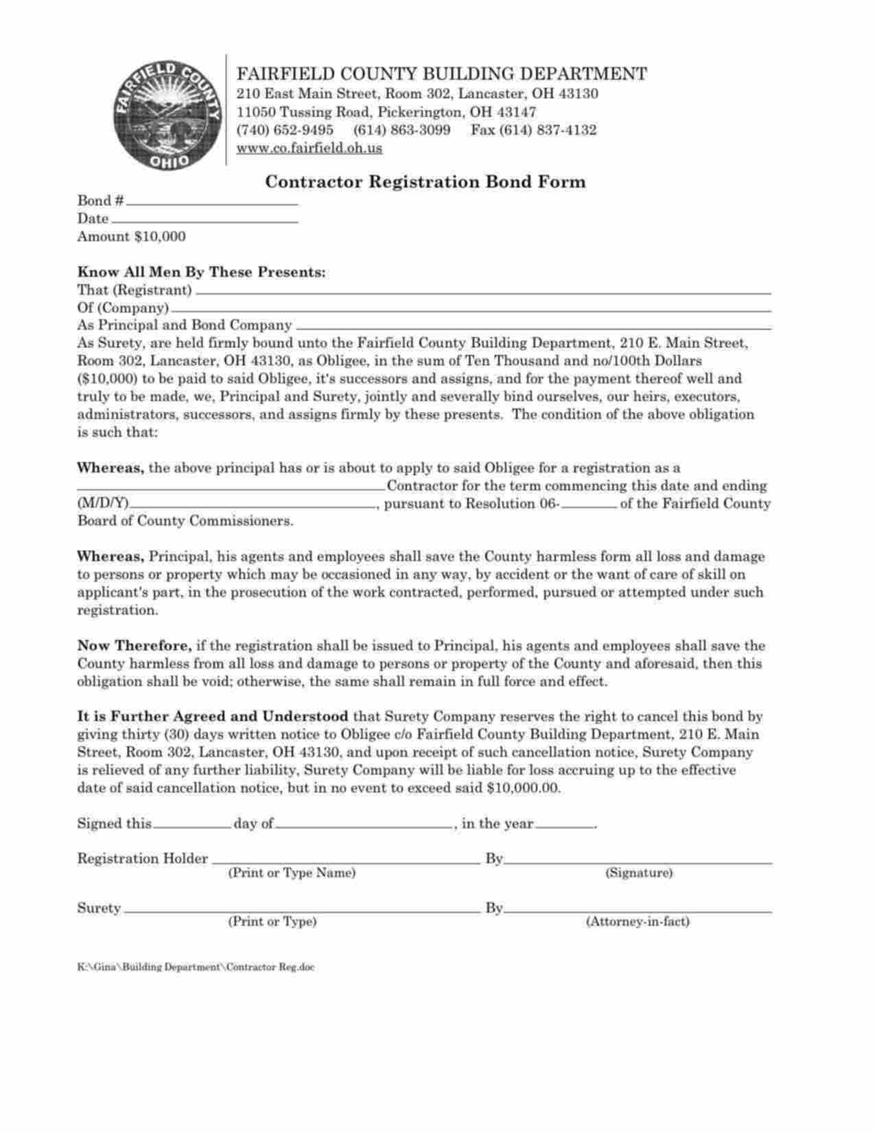 Ohio Contractor Registration Bond Form