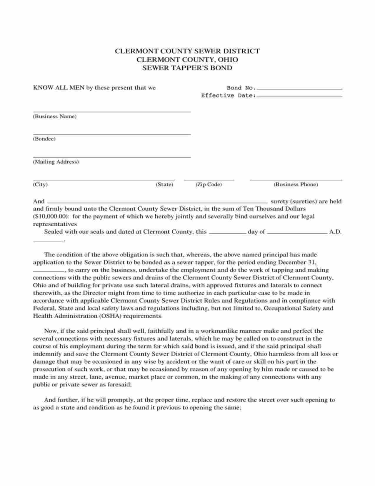 Ohio Sewer Tapper (Sewer District) Bond Form
