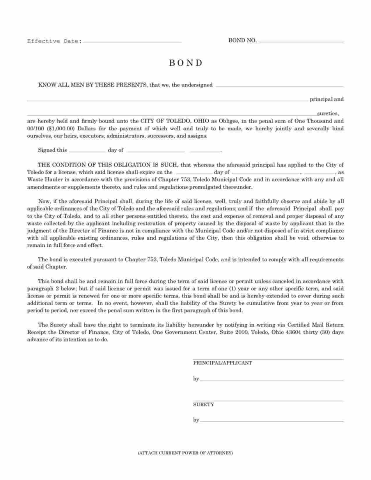 Ohio Waste Hauler Bond Form