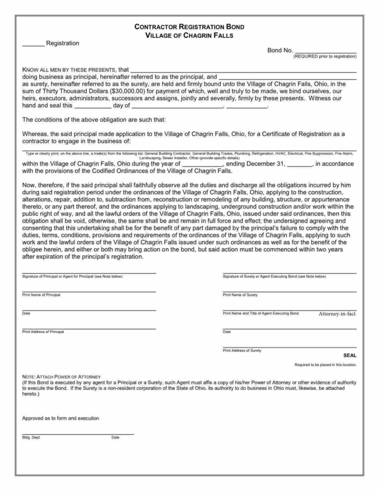 Ohio Contractor Registration Bond Form