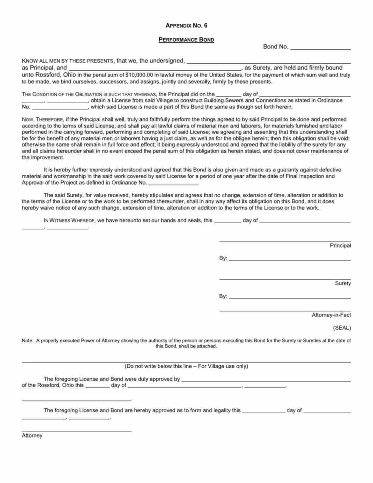 Ohio Sewer Performance Bond Form