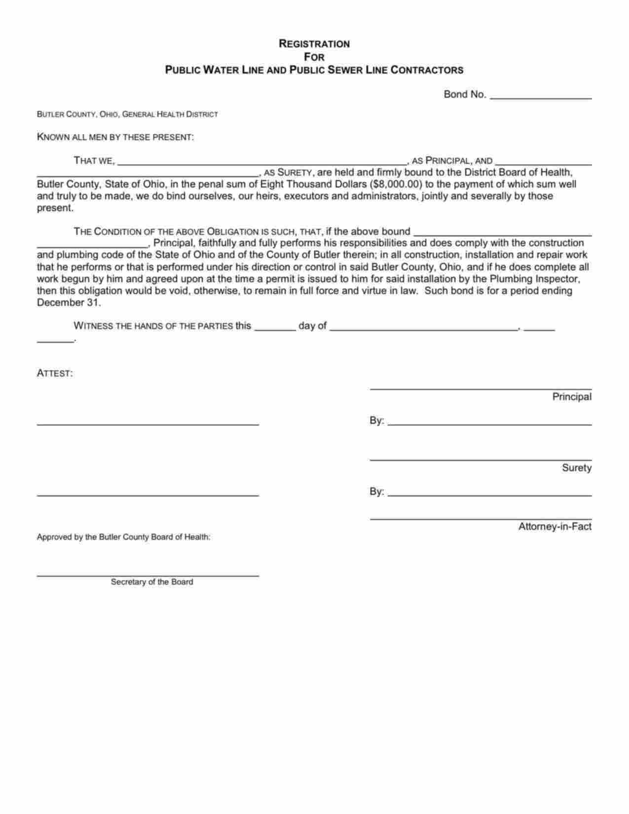 Ohio Public Water Line & Public Sewer Line Bond Form