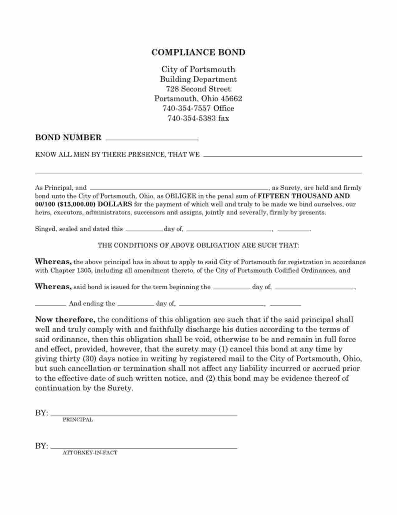 Ohio Contractor Compliance Bond Form