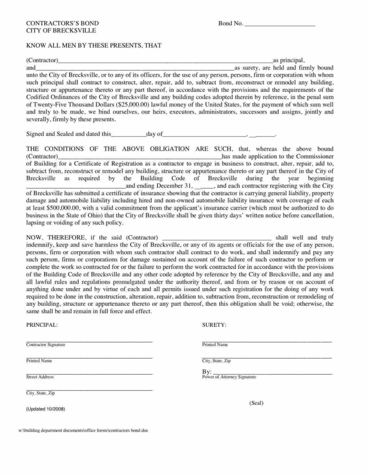 Ohio Contractor Bond Form