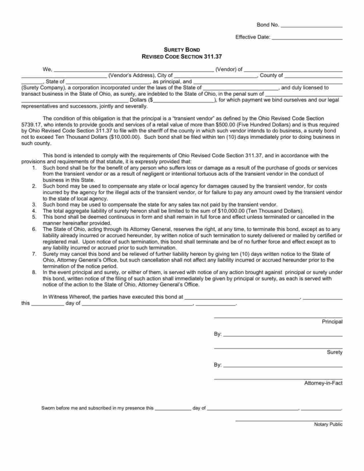 Ohio Transient Vendor Bond Form