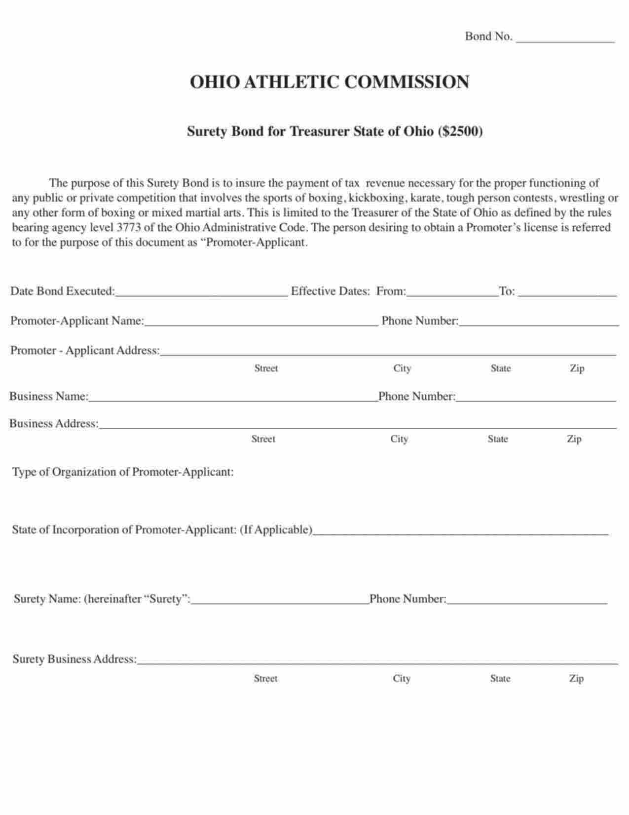 Ohio Athletic Promoter Tax Bond Form